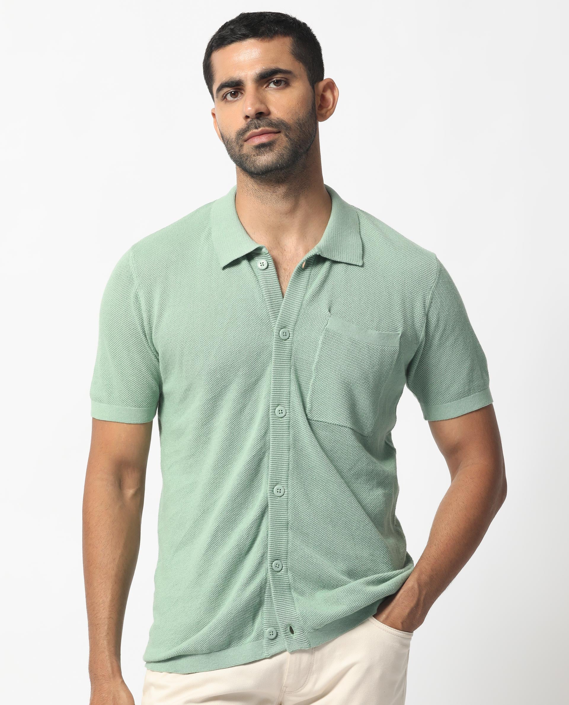 Rare Rabbit Men's Boise Ss Dusky Green Cotton Plain Regular Fit Half Sleeve Collared Shirt - Image 8