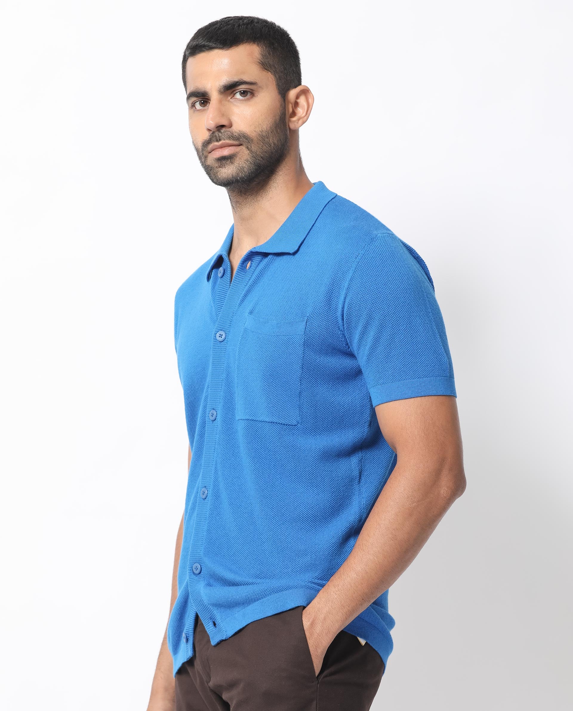 Rare Rabbit Men's Boise Ss Flouroscent Blue Cotton Plain Regular Fit Half Sleeve Collared Shirt - Image 3