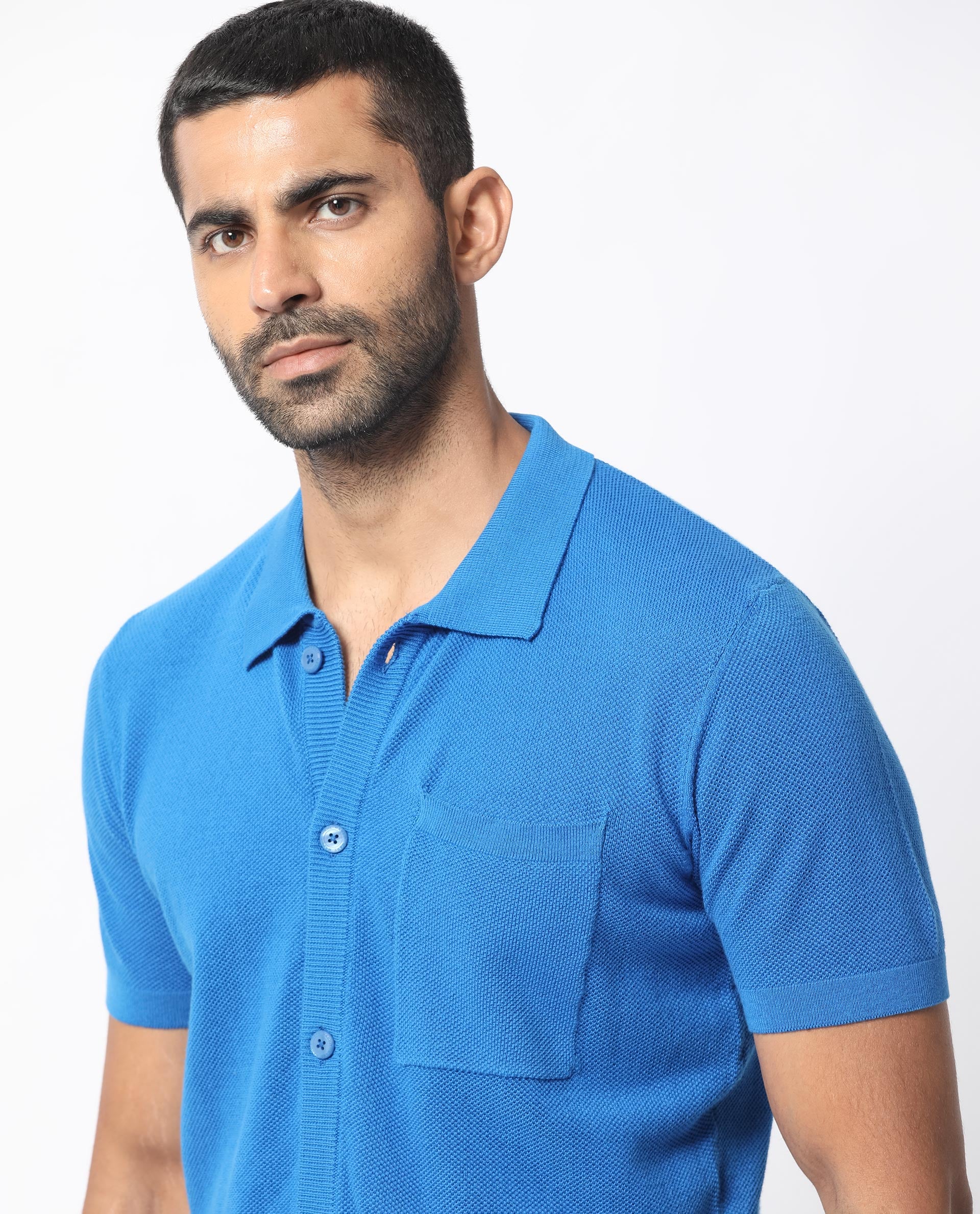 Rare Rabbit Men's Boise Ss Flouroscent Blue Cotton Plain Regular Fit Half Sleeve Collared Shirt - Image 4