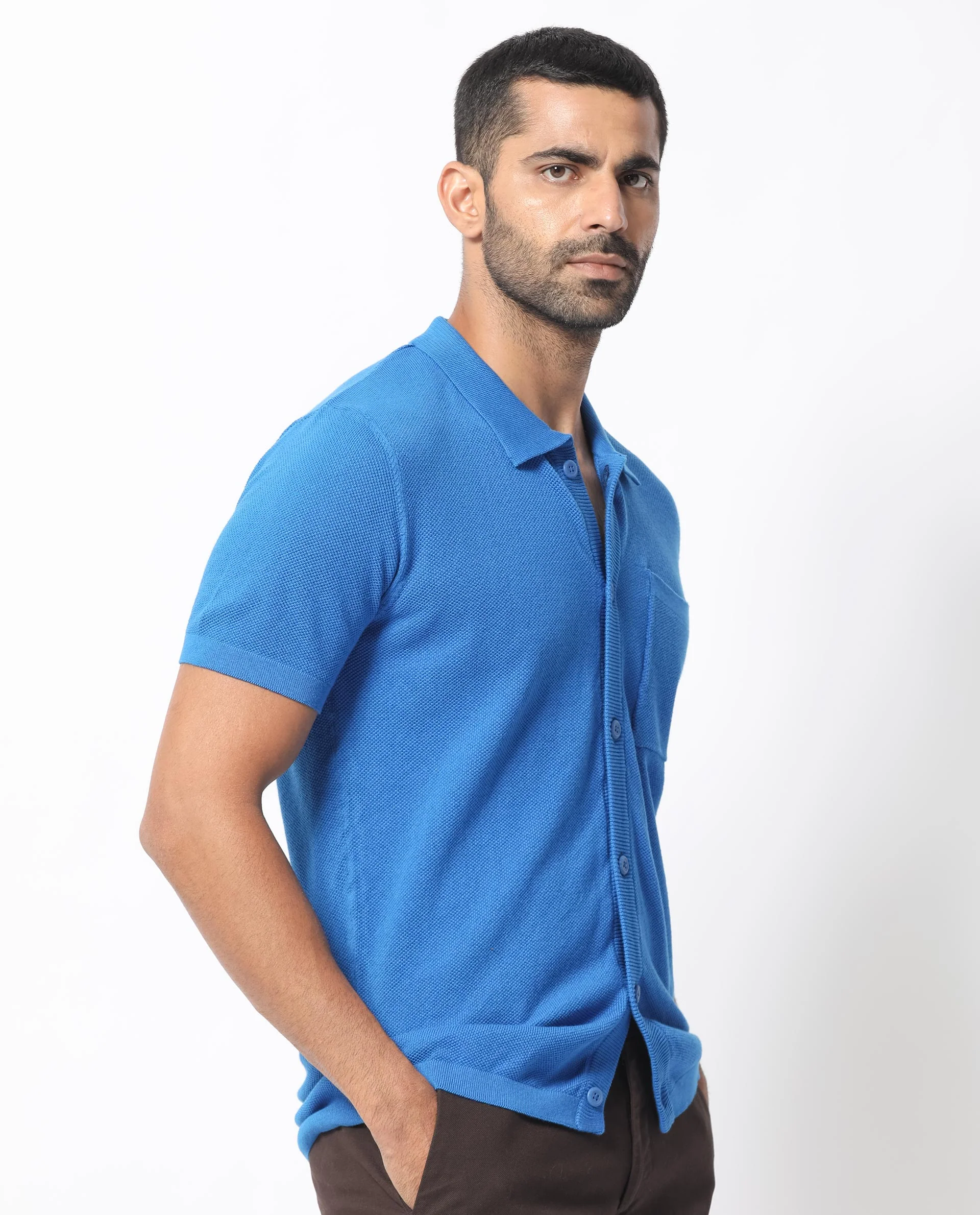 Rare Rabbit Men's Boise Ss Flouroscent Blue Cotton Plain Regular Fit Half Sleeve Collared Shirt - Image 6