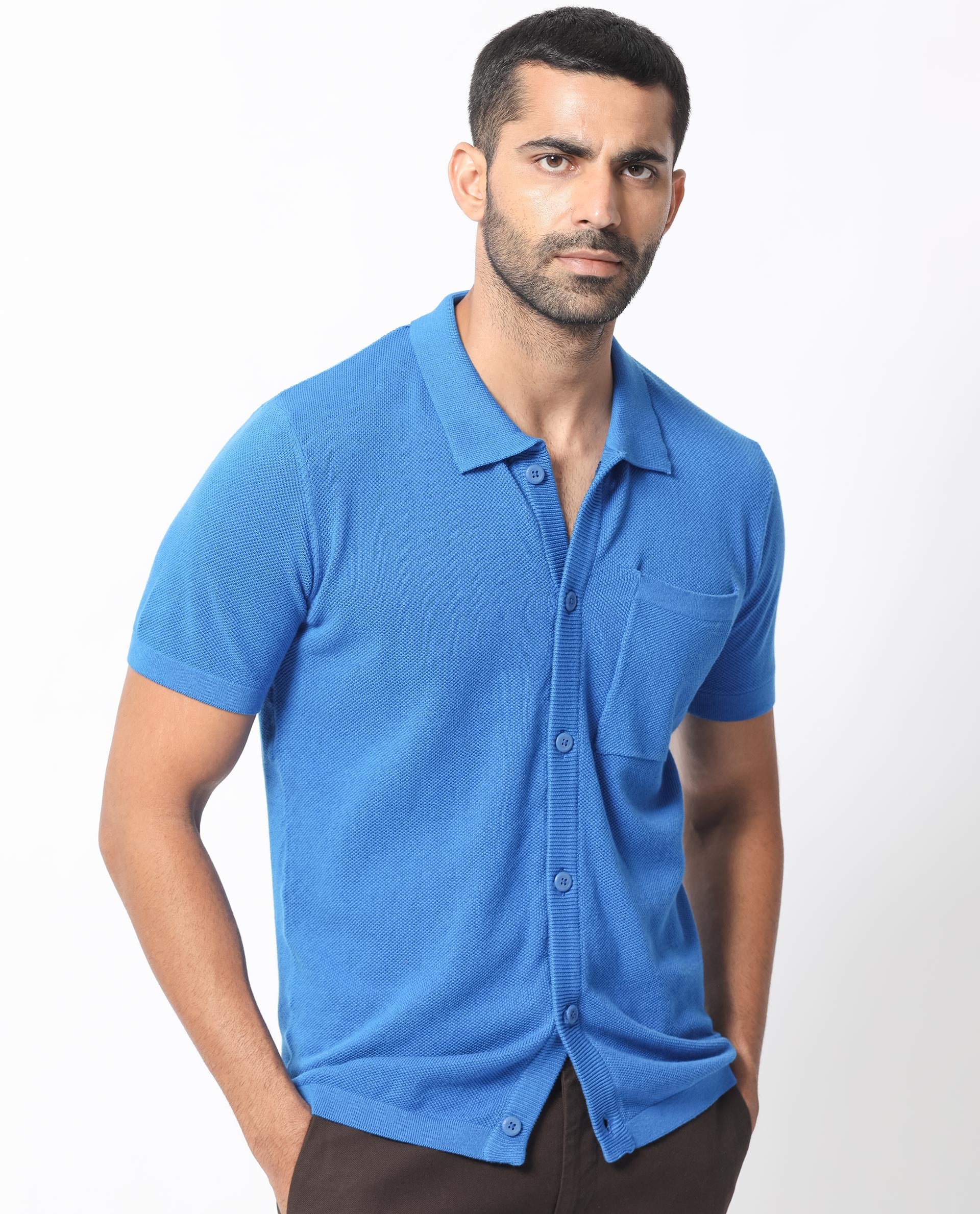 Rare Rabbit Men's Boise Ss Flouroscent Blue Cotton Plain Regular Fit Half Sleeve Collared Shirt - Image 7