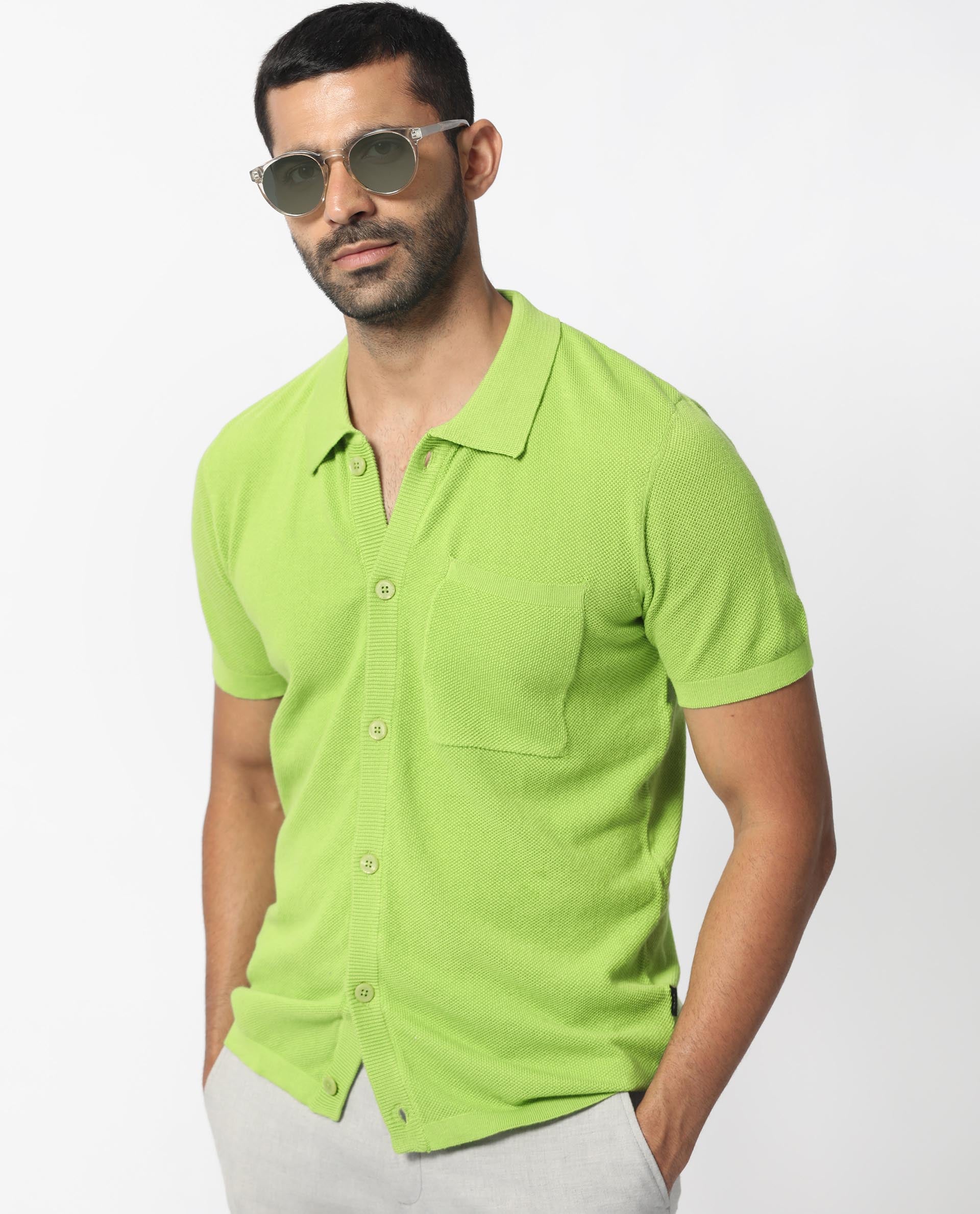 Rare Rabbit Men's Boise Ss Flouroscent Green Regular Fit Shirt