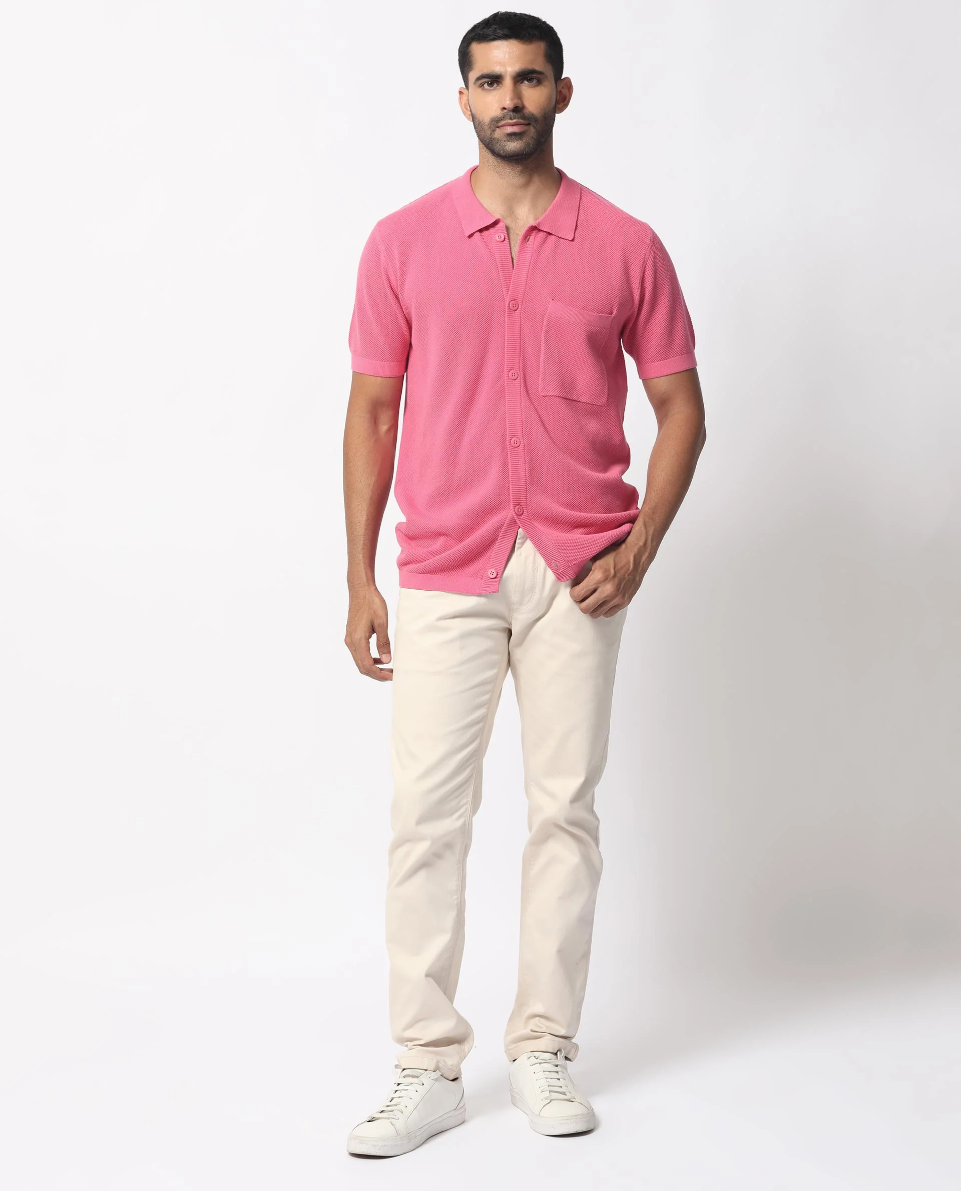 Rare Rabbit Men's Boise Ss Flouroscent Pink Cotton Plain Regular Fit Half Sleeve Collared Shirt - Image 3