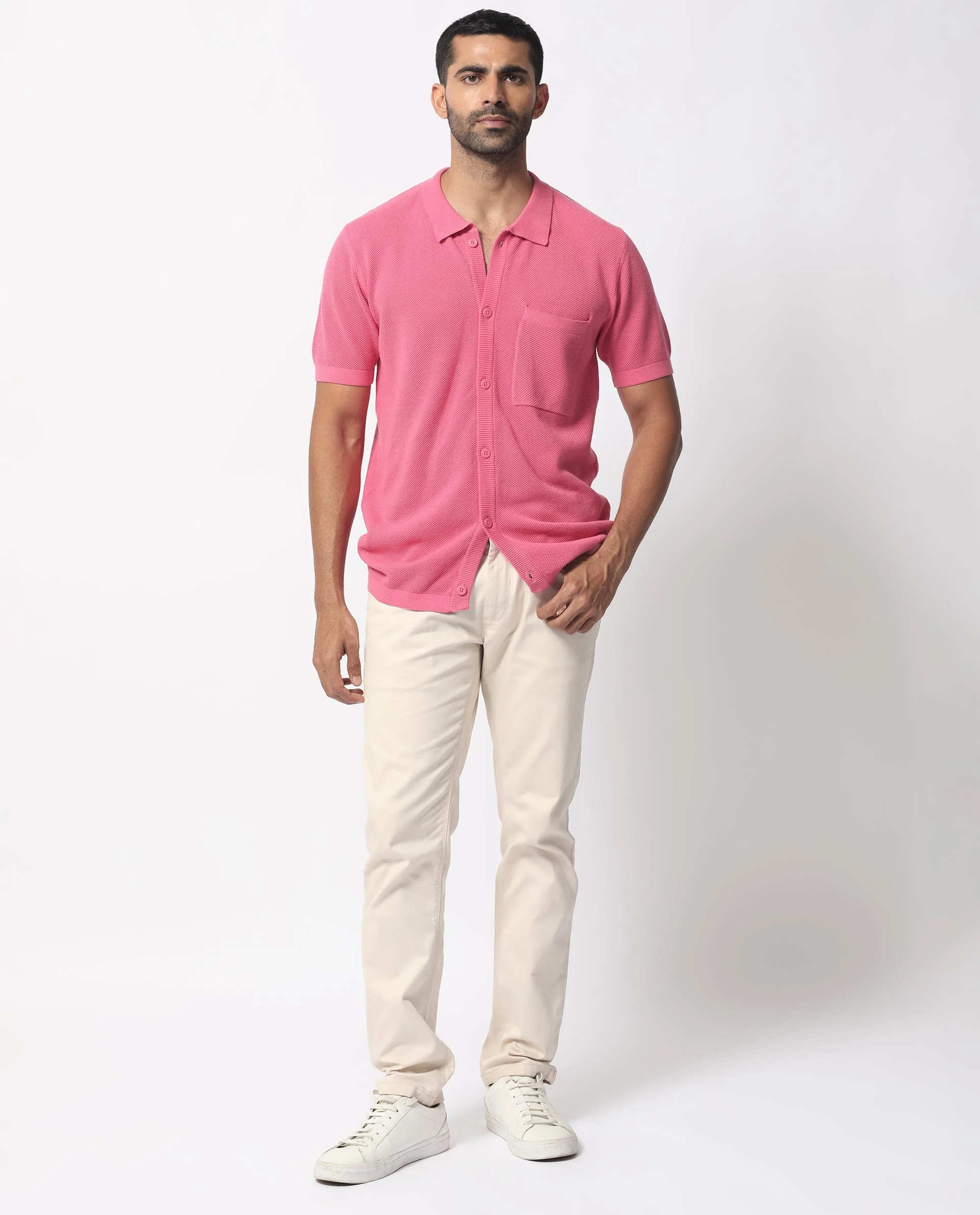 Rare Rabbit Men's Boise Ss Flouroscent Pink Cotton Plain Regular Fit Half Sleeve Collared Shirt - Image 4