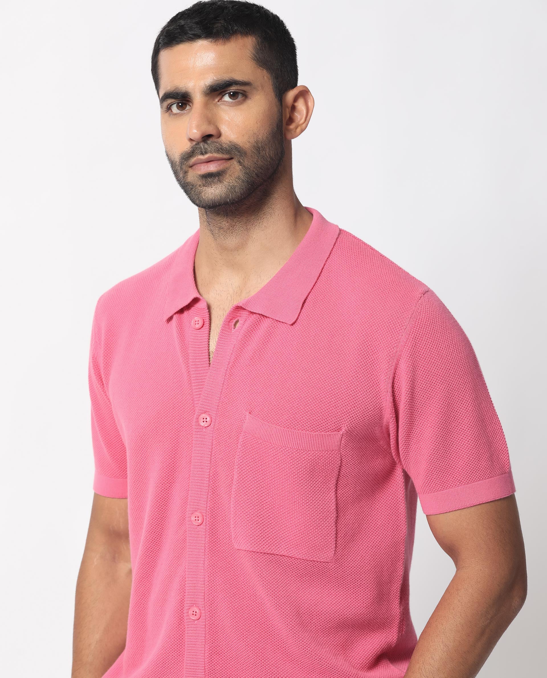 Rare Rabbit Men's Boise Ss Flouroscent Pink Cotton Plain Regular Fit Half Sleeve Collared Shirt - Image 5