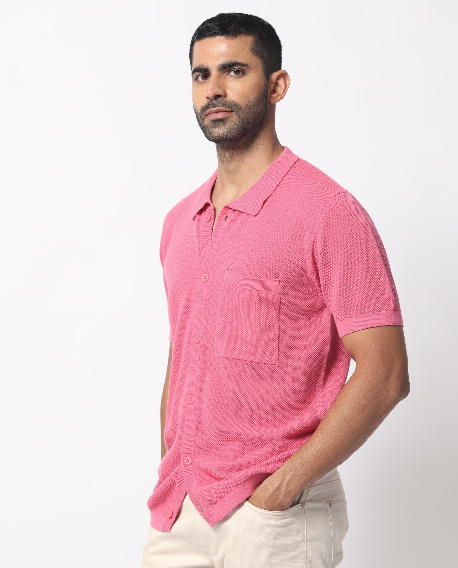 Rare Rabbit Men's Boise Ss Flouroscent Pink Cotton Plain Regular Fit Half Sleeve Collared Shirt - Image 7