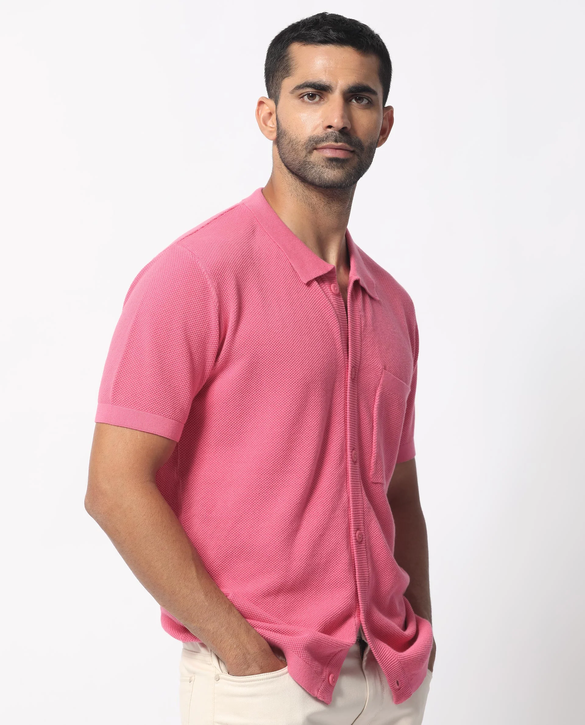 Rare Rabbit Men's Boise Ss Flouroscent Pink Cotton Plain Regular Fit Half Sleeve Collared Shirt - Image 8