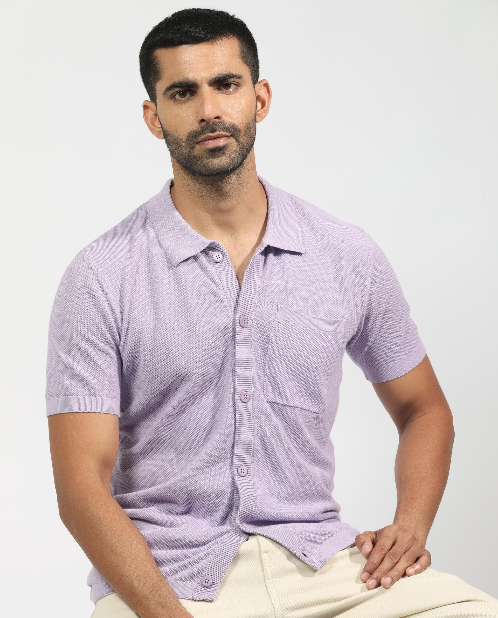 Rare Rabbit Men's Boise Ss Pastel Purple Cotton Plain Regular Fit Half Sleeve Collared Shirt