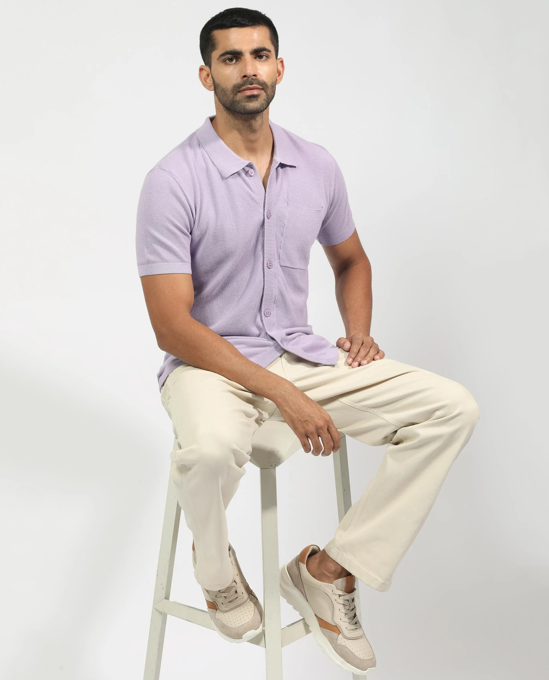 Rare Rabbit Men's Boise Ss Pastel Purple Cotton Plain Regular Fit Half Sleeve Collared Shirt - Image 2