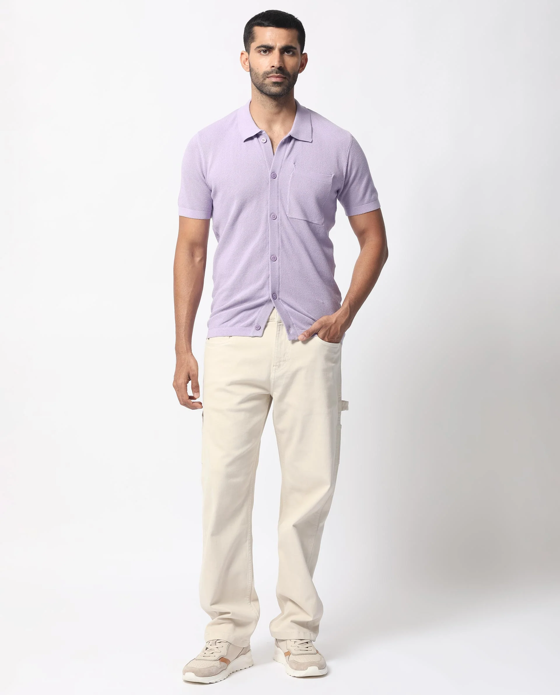 Rare Rabbit Men's Boise Ss Pastel Purple Cotton Plain Regular Fit Half Sleeve Collared Shirt - Image 3