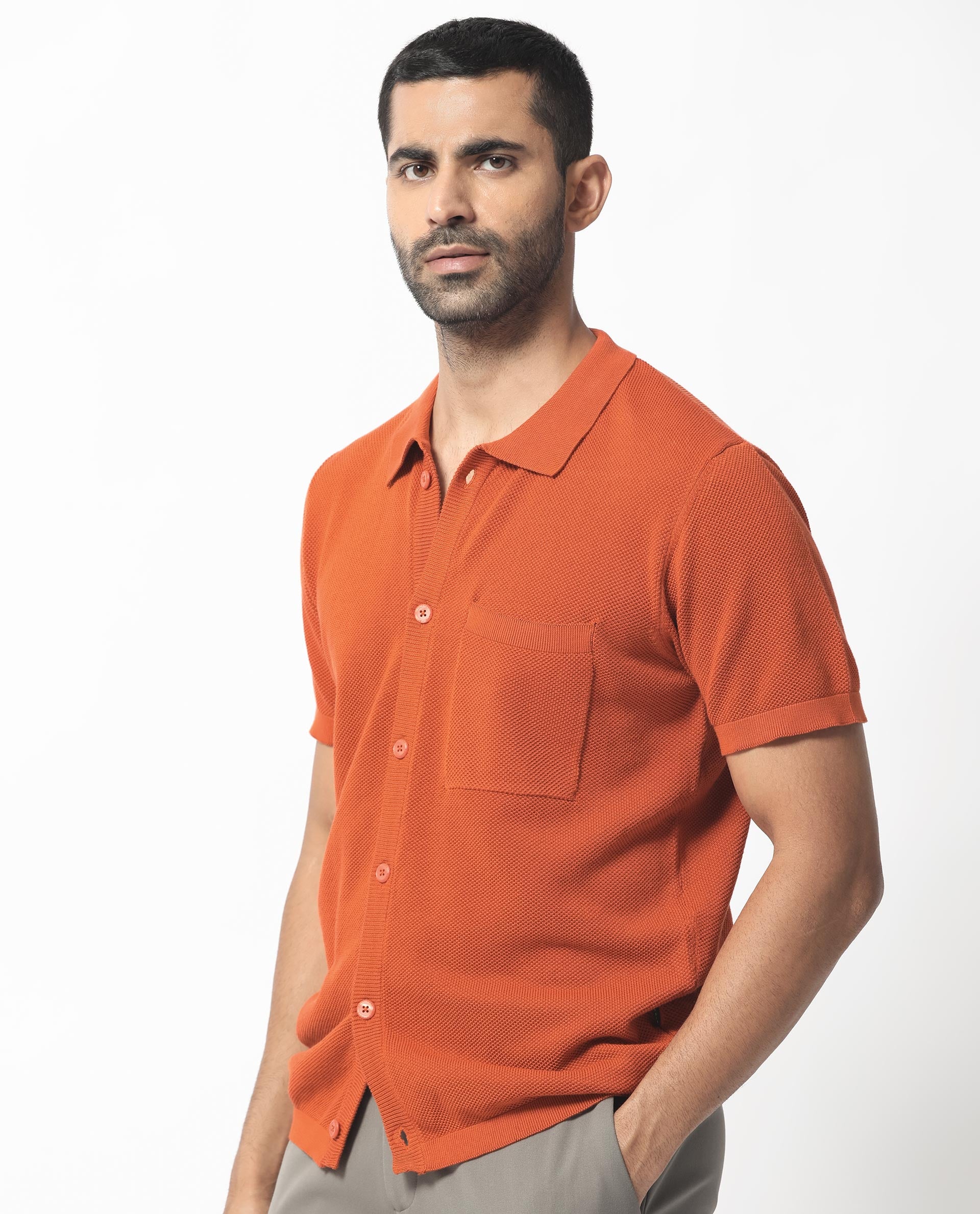 Rare Rabbit Men's Boise Ss Rust Cotton Plain Regular Fit Half Sleeve Collared Shirt - Image 3