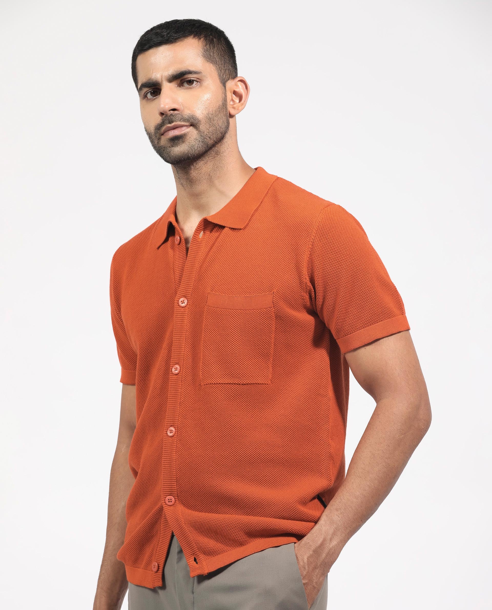Rare Rabbit Men's Boise Ss Rust Cotton Plain Regular Fit Half Sleeve Collared Shirt - Image 6