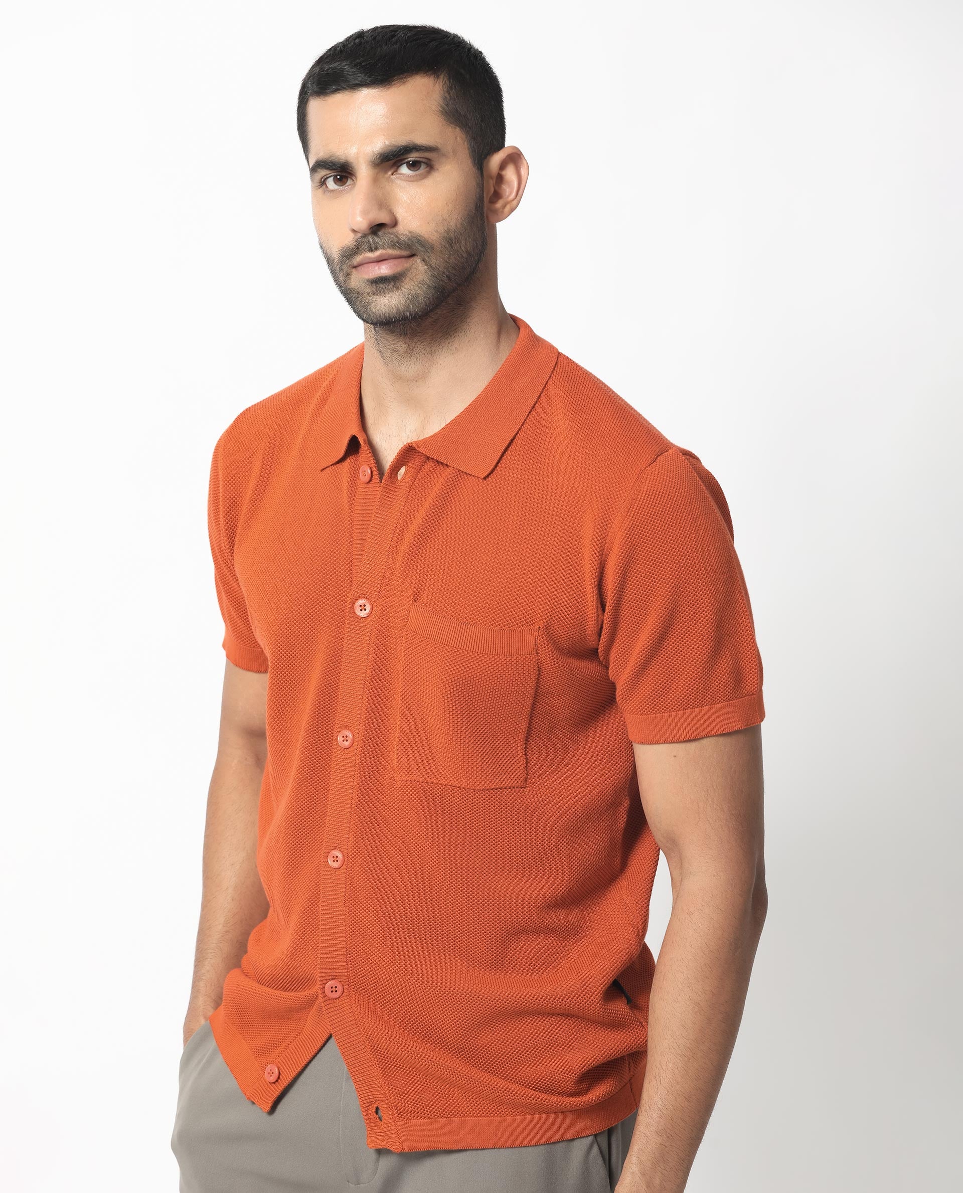 Rare Rabbit Men's Boise Ss Rust Cotton Plain Regular Fit Half Sleeve Collared Shirt - Image 7
