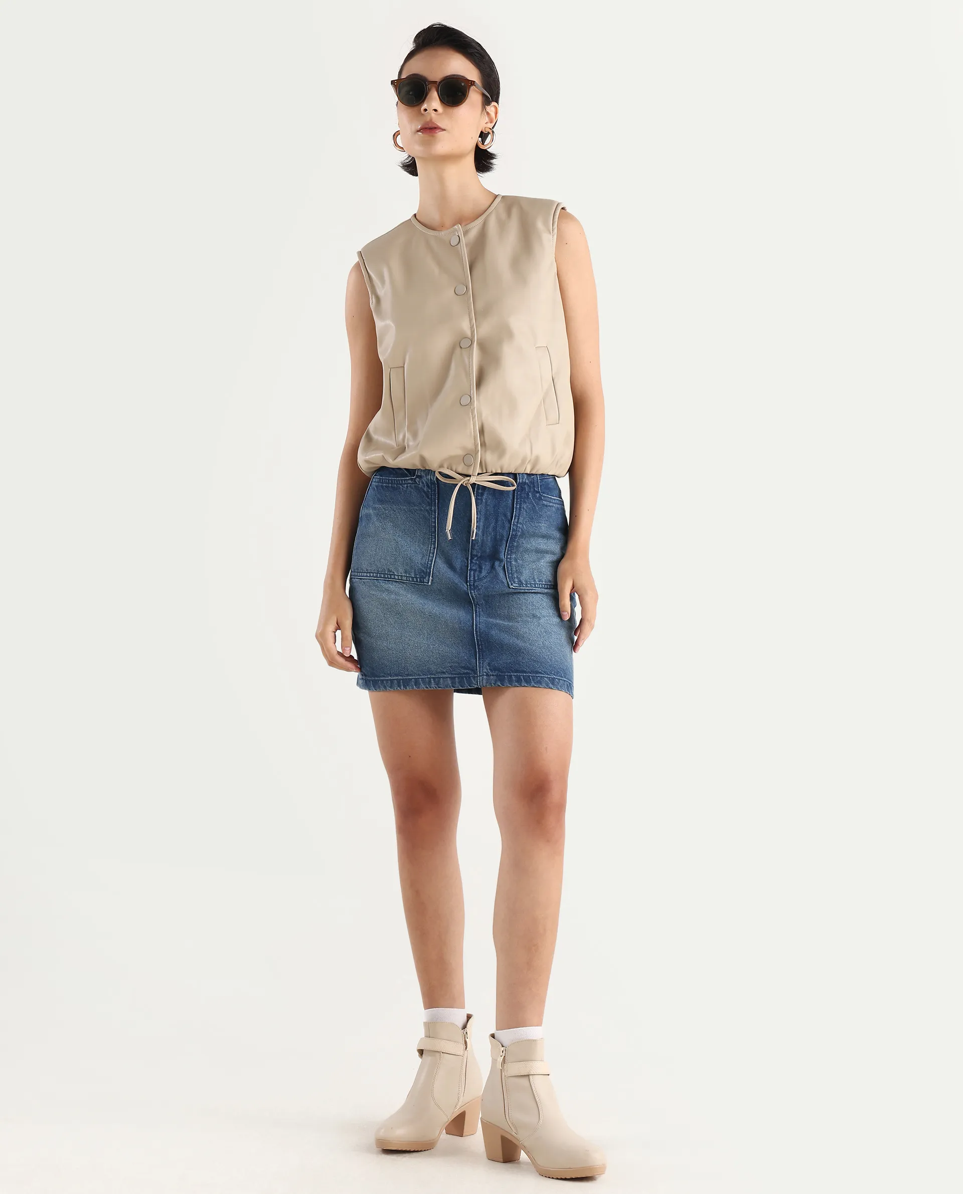 Rareism Women's Bojur - Light Brown Knit Round Neck Plain Sleeveless Boxy Fit Jacket - Image 2