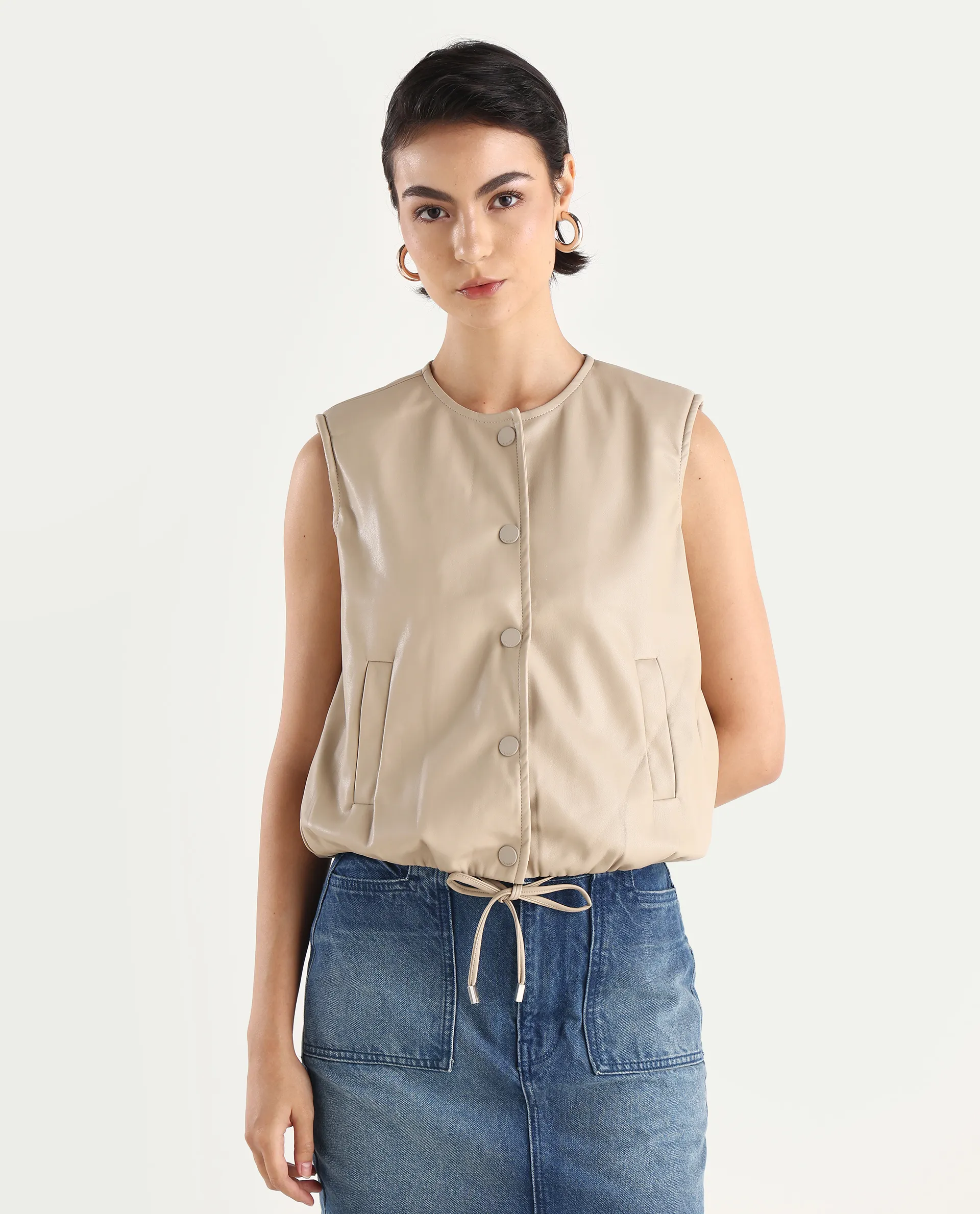 Rareism Women's Bojur - Light Brown Knit Round Neck Plain Sleeveless Boxy Fit Jacket - Image 3