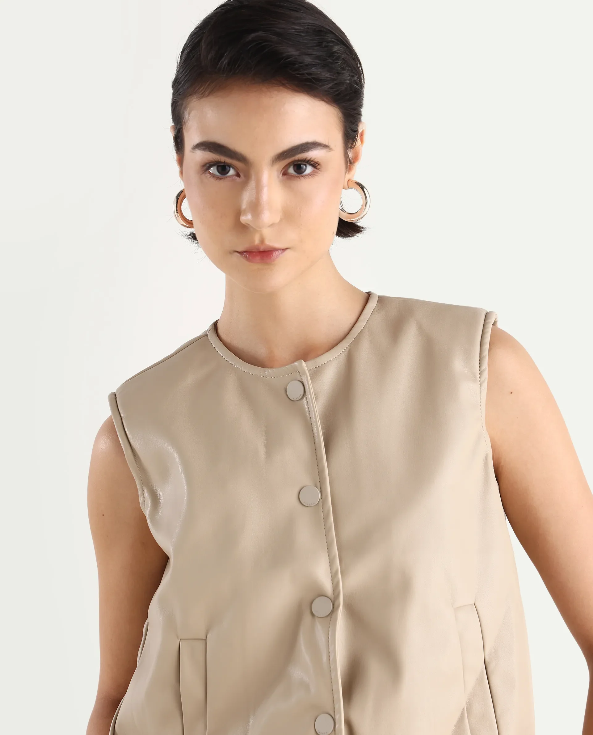 Rareism Women's Bojur - Light Brown Knit Round Neck Plain Sleeveless Boxy Fit Jacket - Image 4