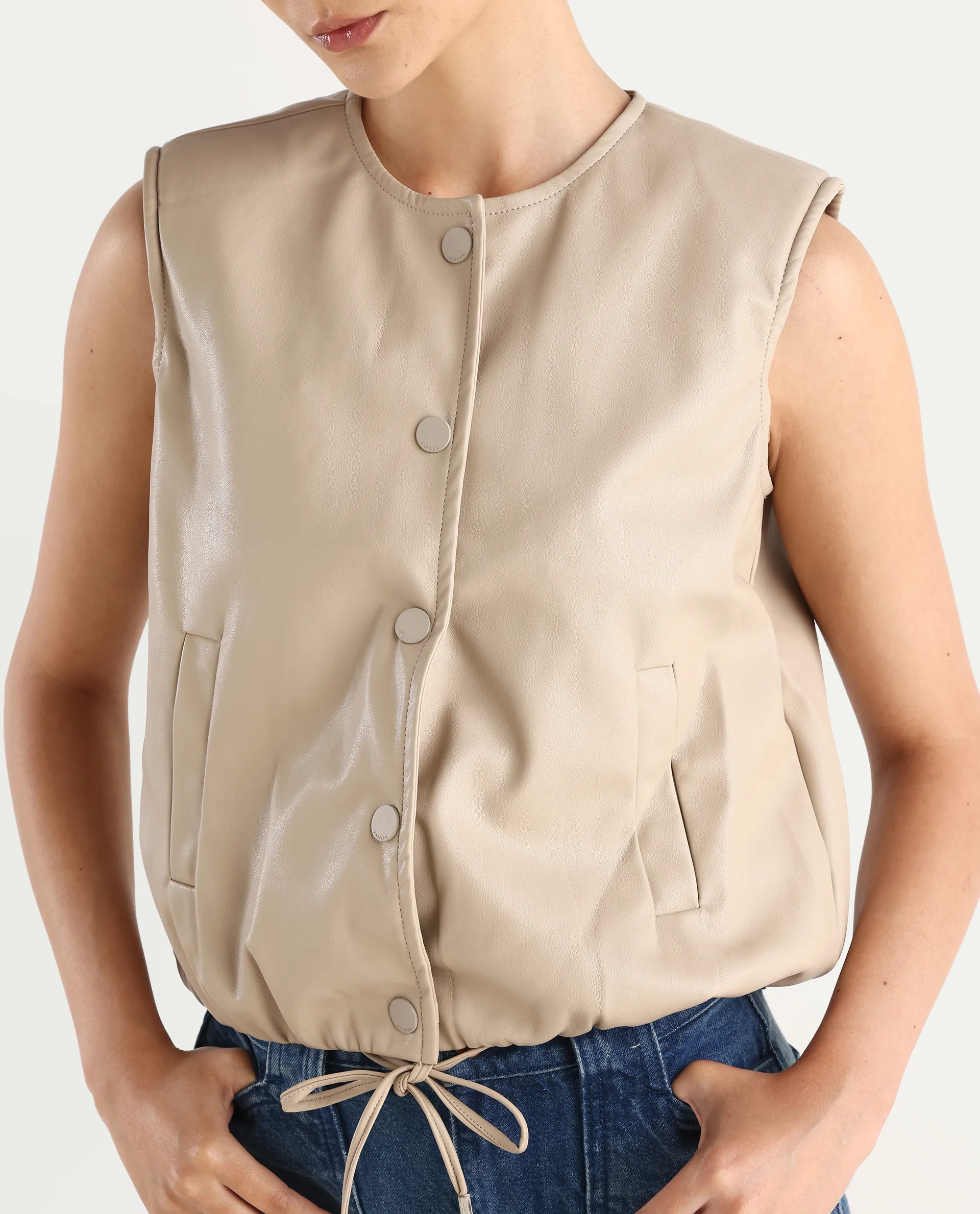 Rareism Women's Bojur - Light Brown Knit Round Neck Plain Sleeveless Boxy Fit Jacket - Image 5