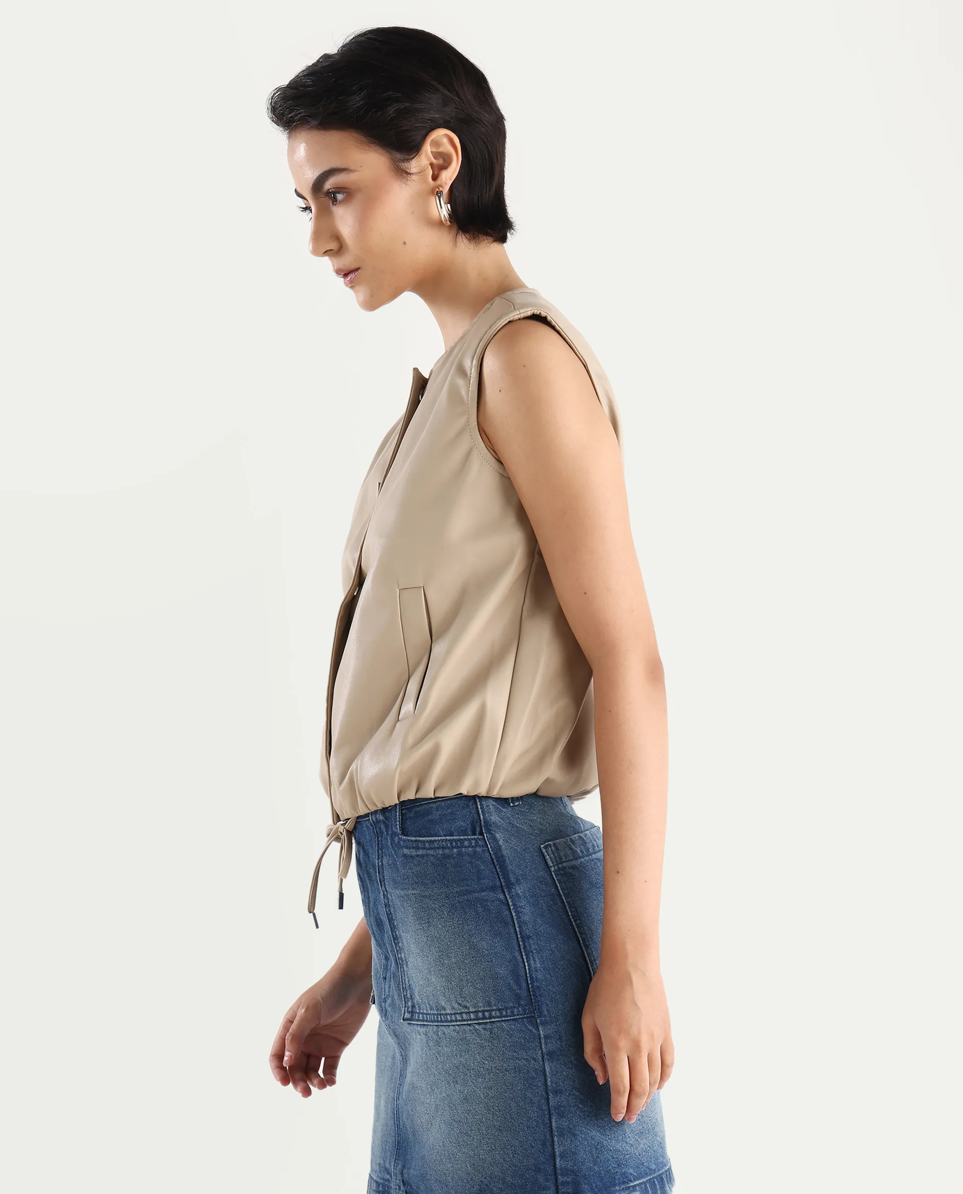 Rareism Women's Bojur - Light Brown Knit Round Neck Plain Sleeveless Boxy Fit Jacket - Image 6
