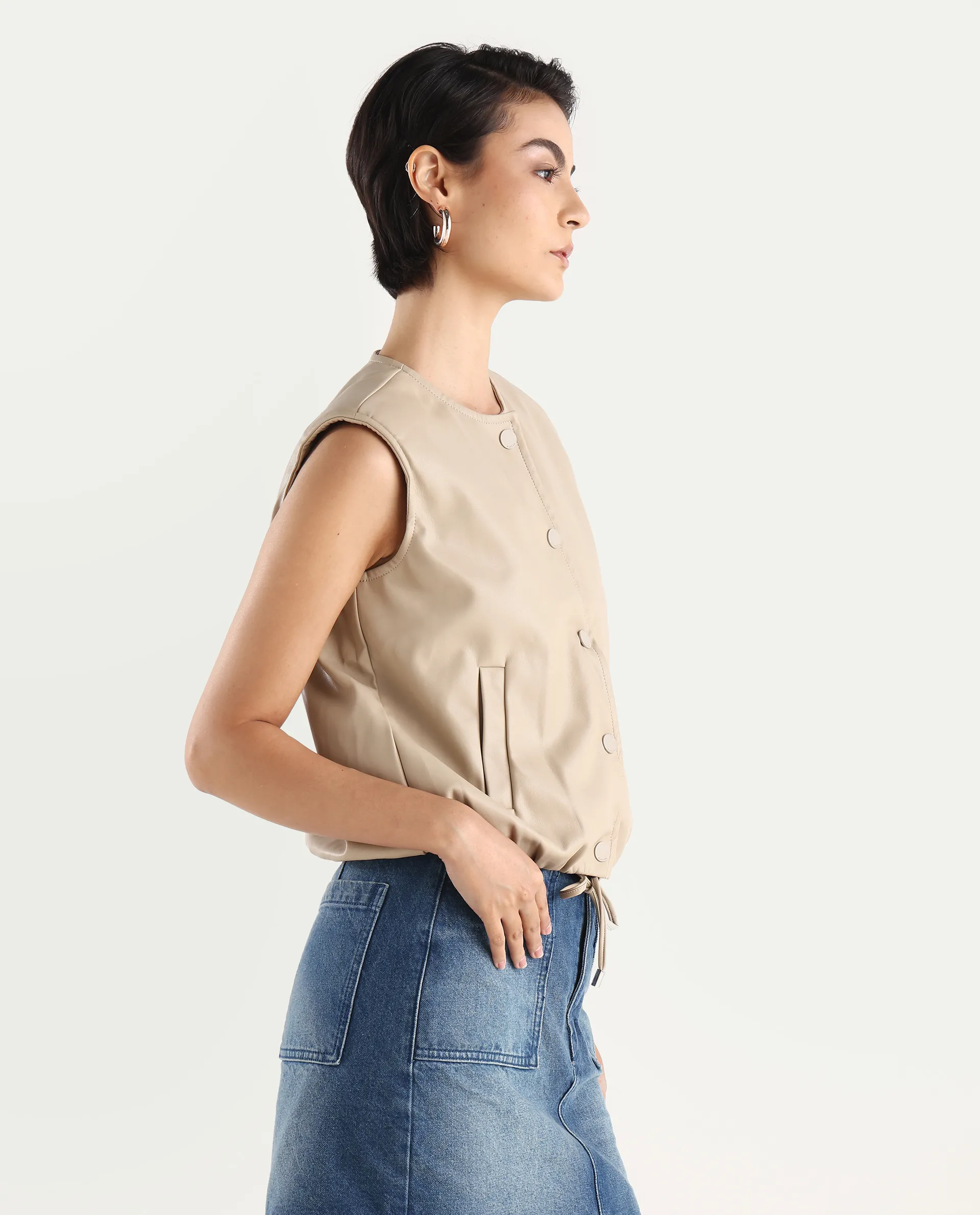 Rareism Women's Bojur - Light Brown Knit Round Neck Plain Sleeveless Boxy Fit Jacket - Image 7