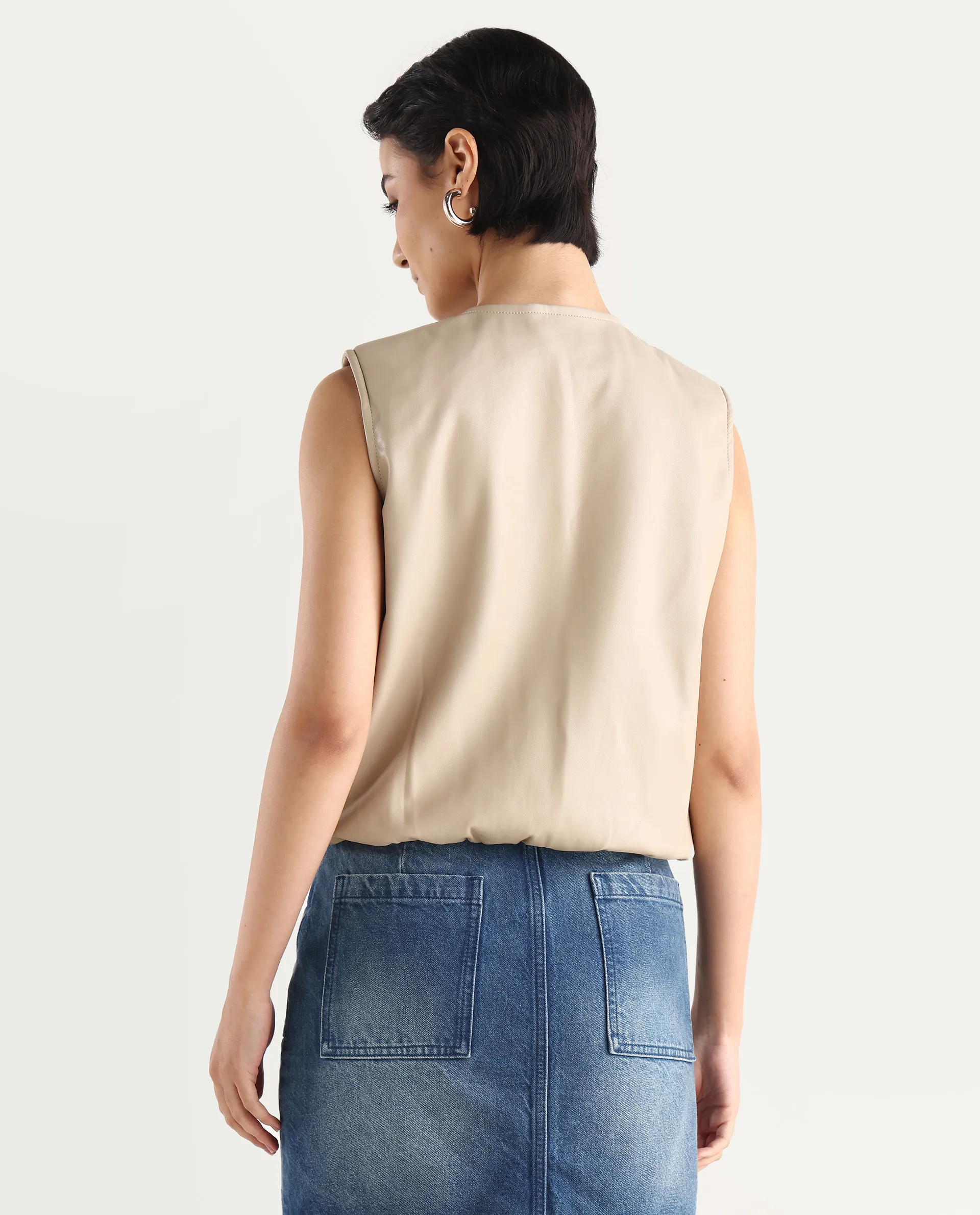 Rareism Women's Bojur - Light Brown Knit Round Neck Plain Sleeveless Boxy Fit Jacket - Image 8