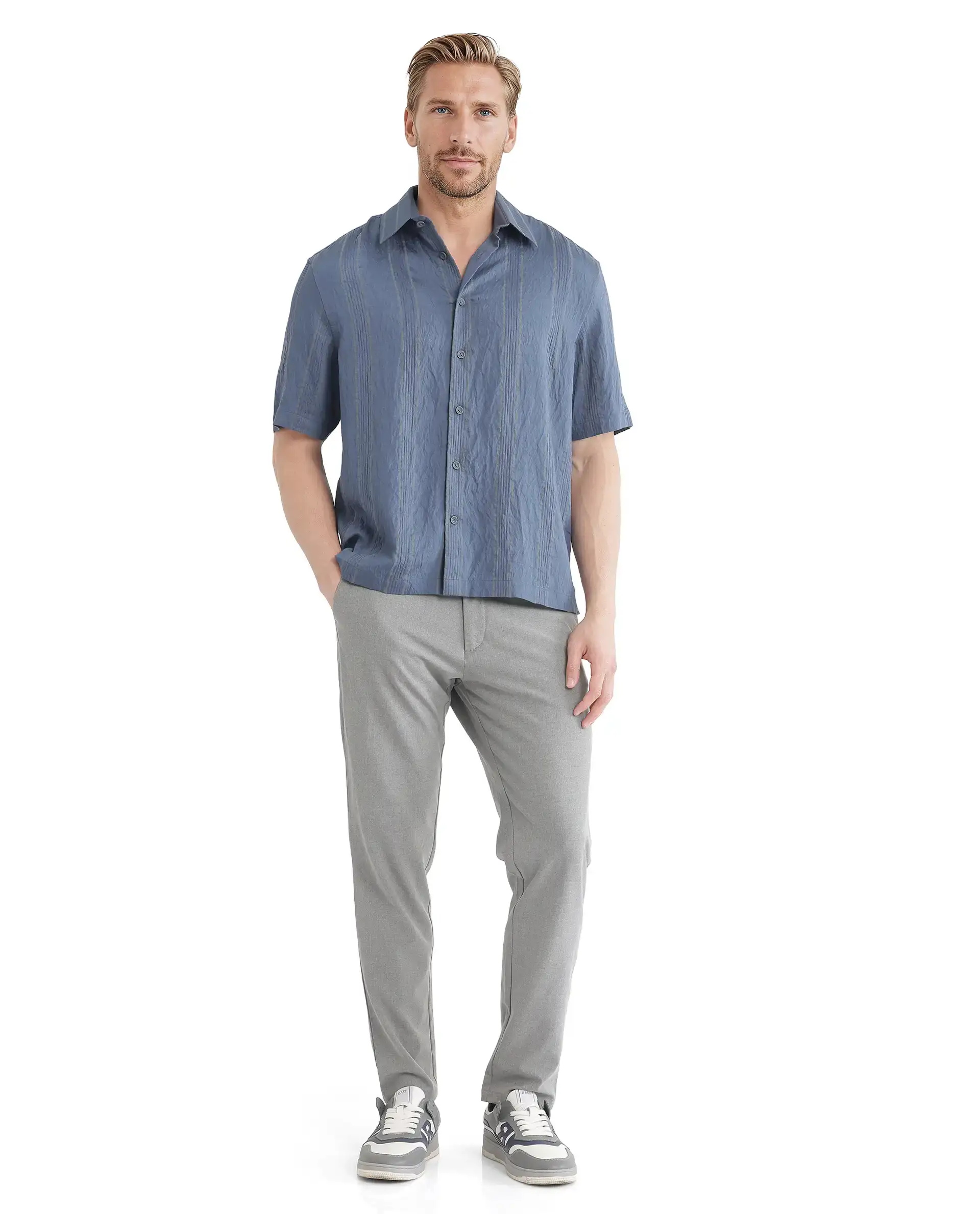 Rare Rabbit Men's Boks Dusky Blue Viscose Blend Striped Print Relaxed Fit Half Sleeve Collared Shirt - Image 2