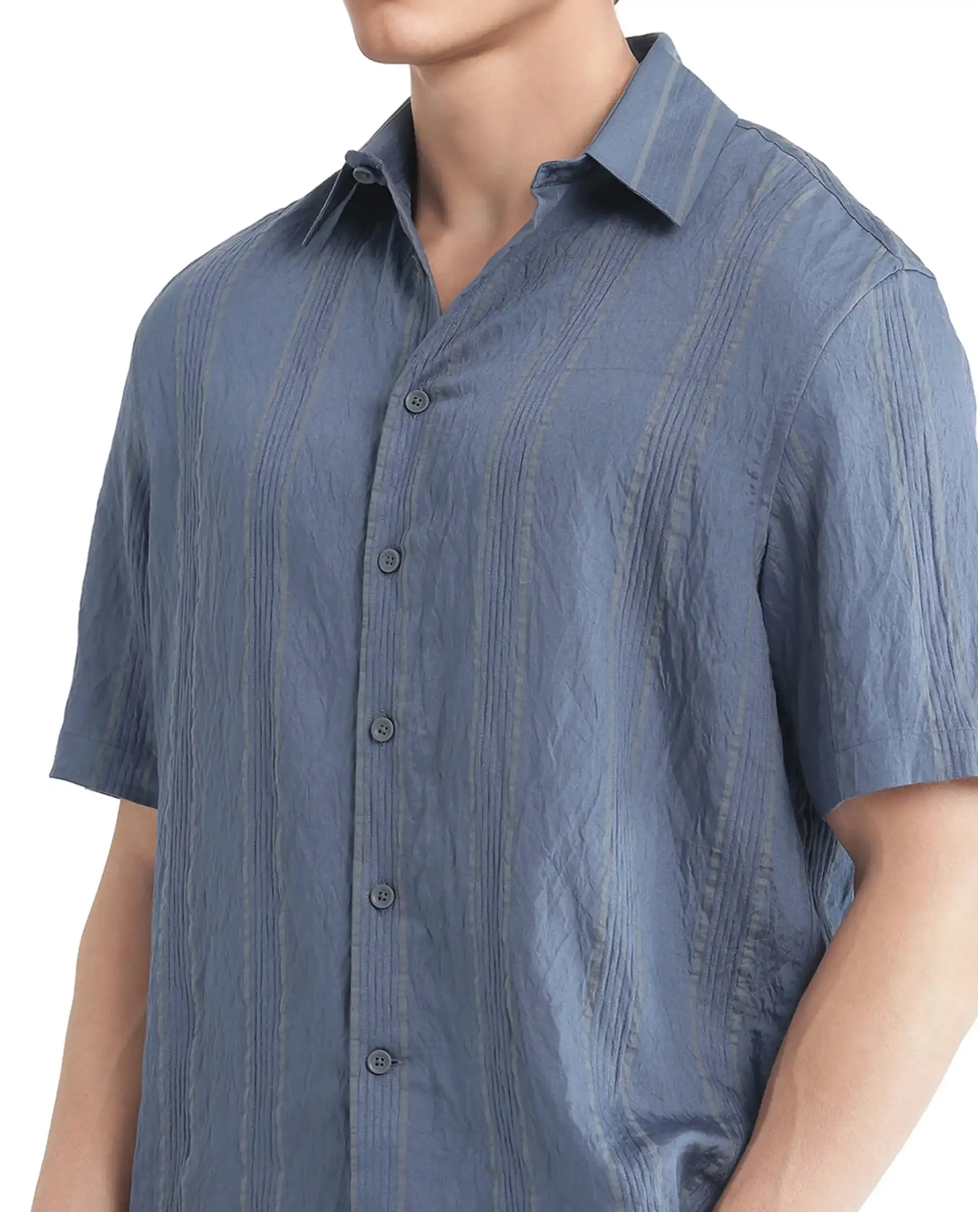 Rare Rabbit Men's Boks Dusky Blue Viscose Blend Striped Print Relaxed Fit Half Sleeve Collared Shirt - Image 3