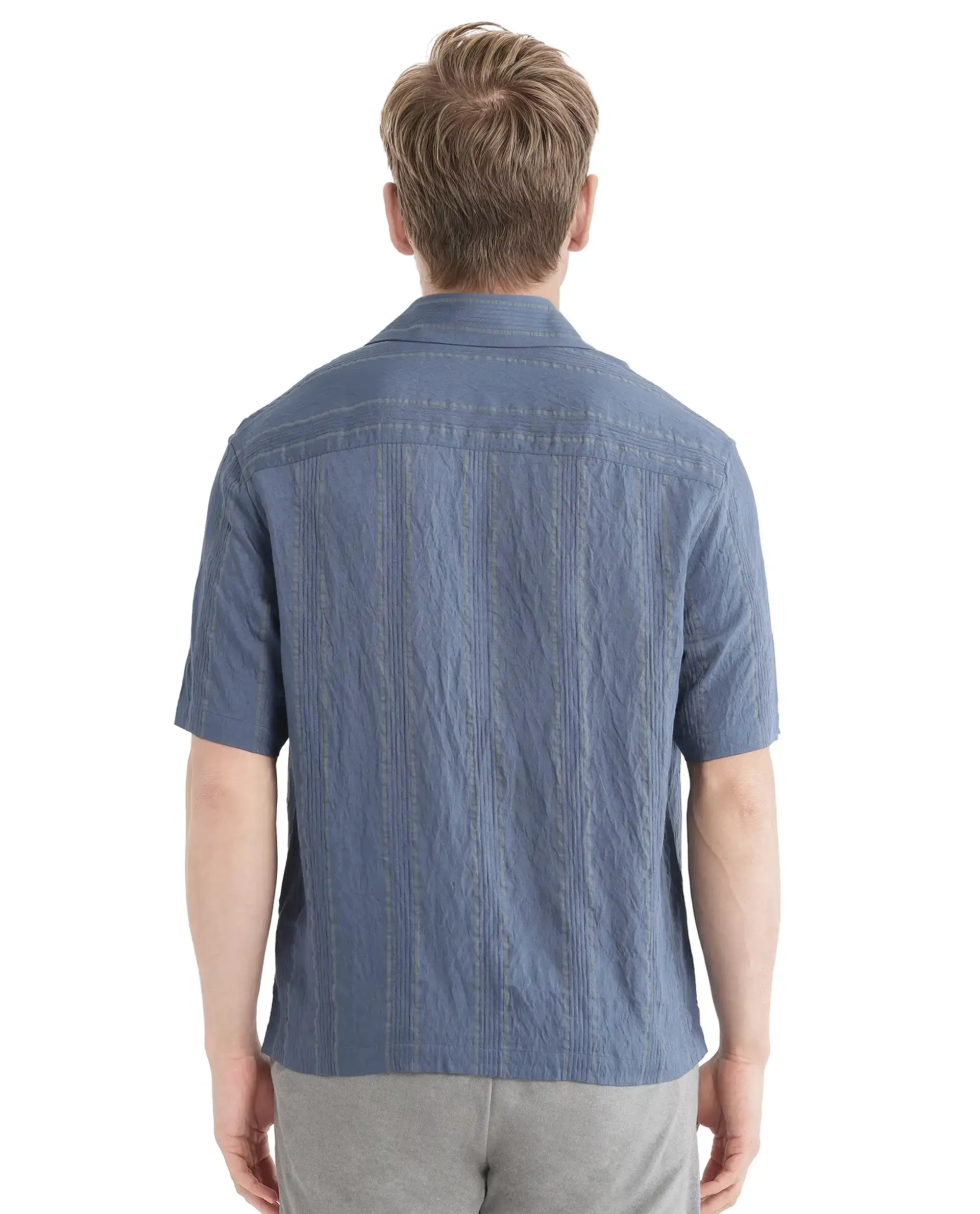 Rare Rabbit Men's Boks Dusky Blue Viscose Blend Striped Print Relaxed Fit Half Sleeve Collared Shirt - Image 4