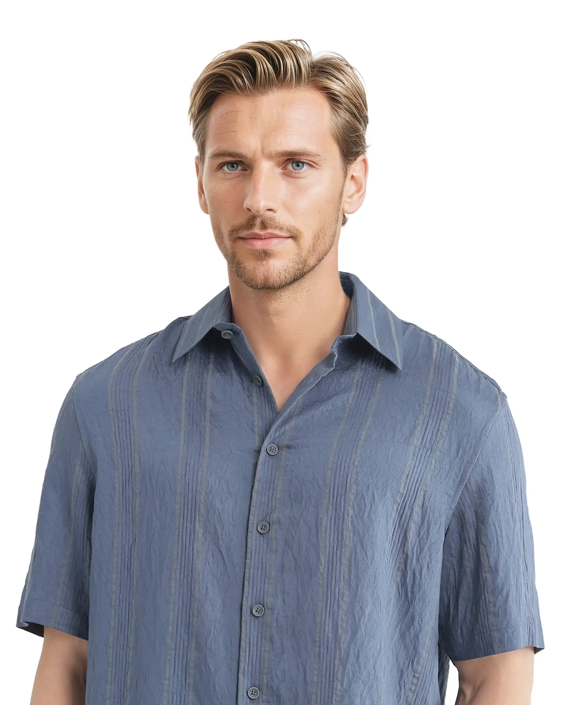 Rare Rabbit Men's Boks Dusky Blue Viscose Blend Striped Print Relaxed Fit Half Sleeve Collared Shirt - Image 5