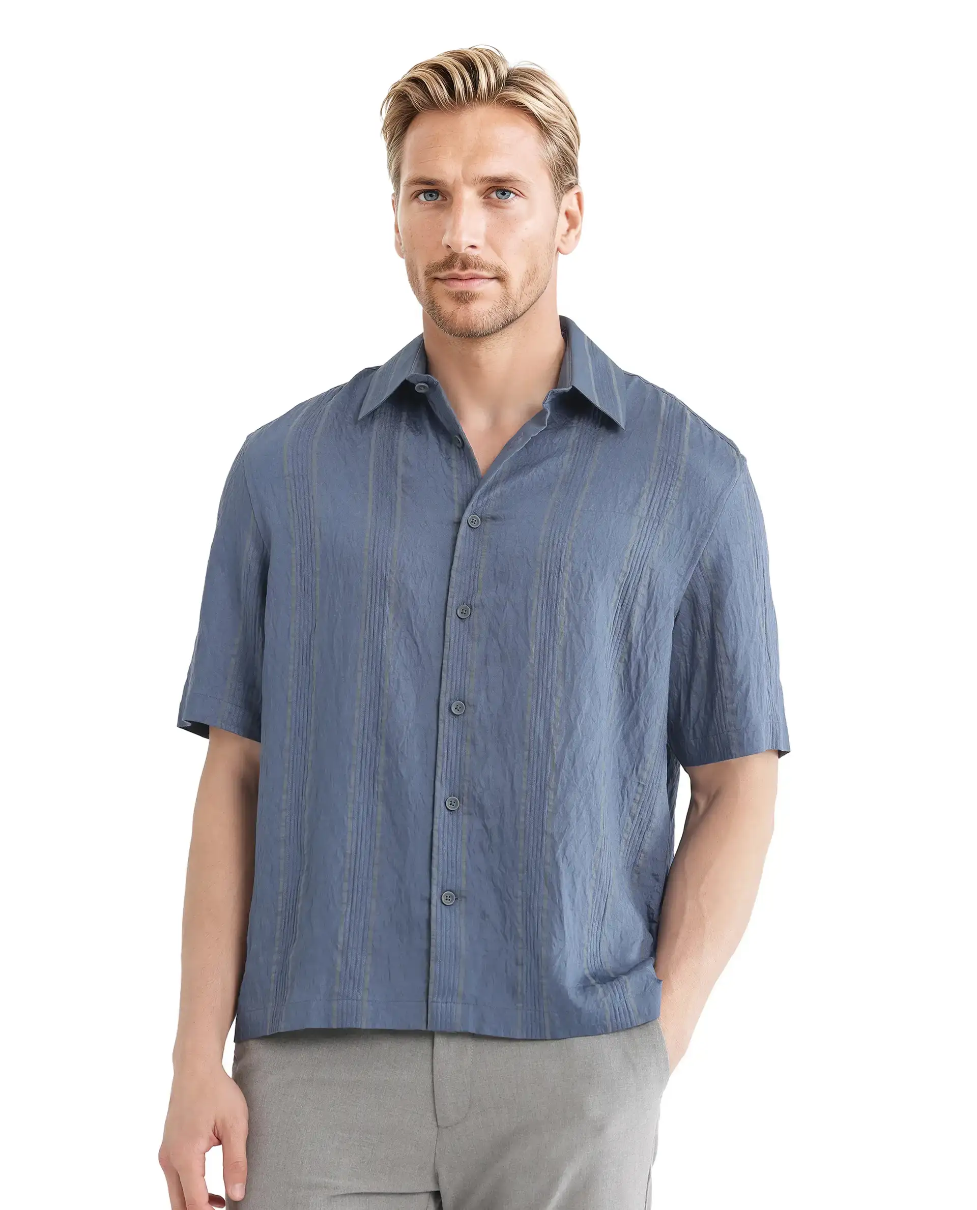 Rare Rabbit Men's Boks Dusky Blue Viscose Blend Striped Print Relaxed Fit Half Sleeve Collared Shirt - Image 6