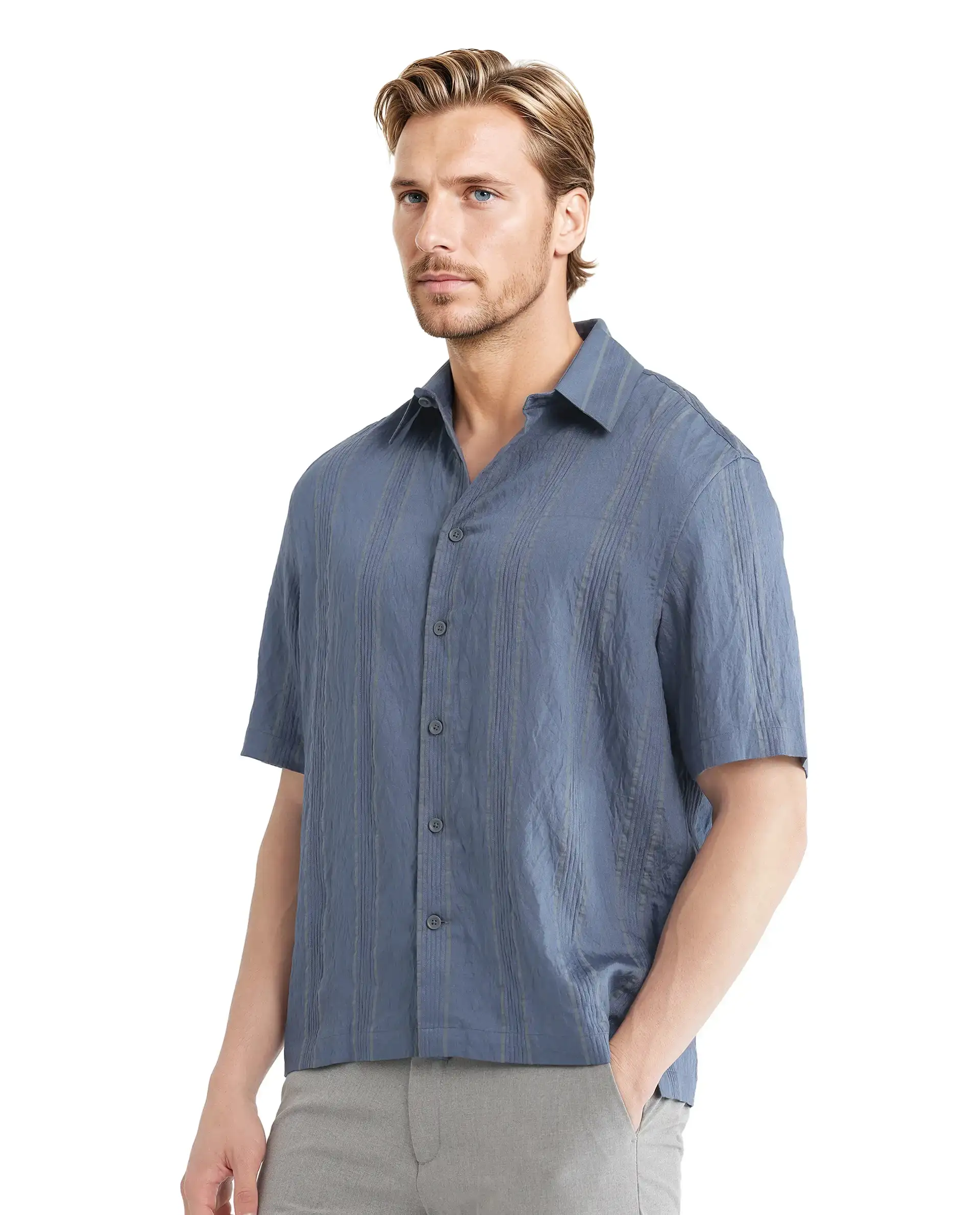 Rare Rabbit Men's Boks Dusky Blue Viscose Blend Striped Print Relaxed Fit Half Sleeve Collared Shirt - Image 7