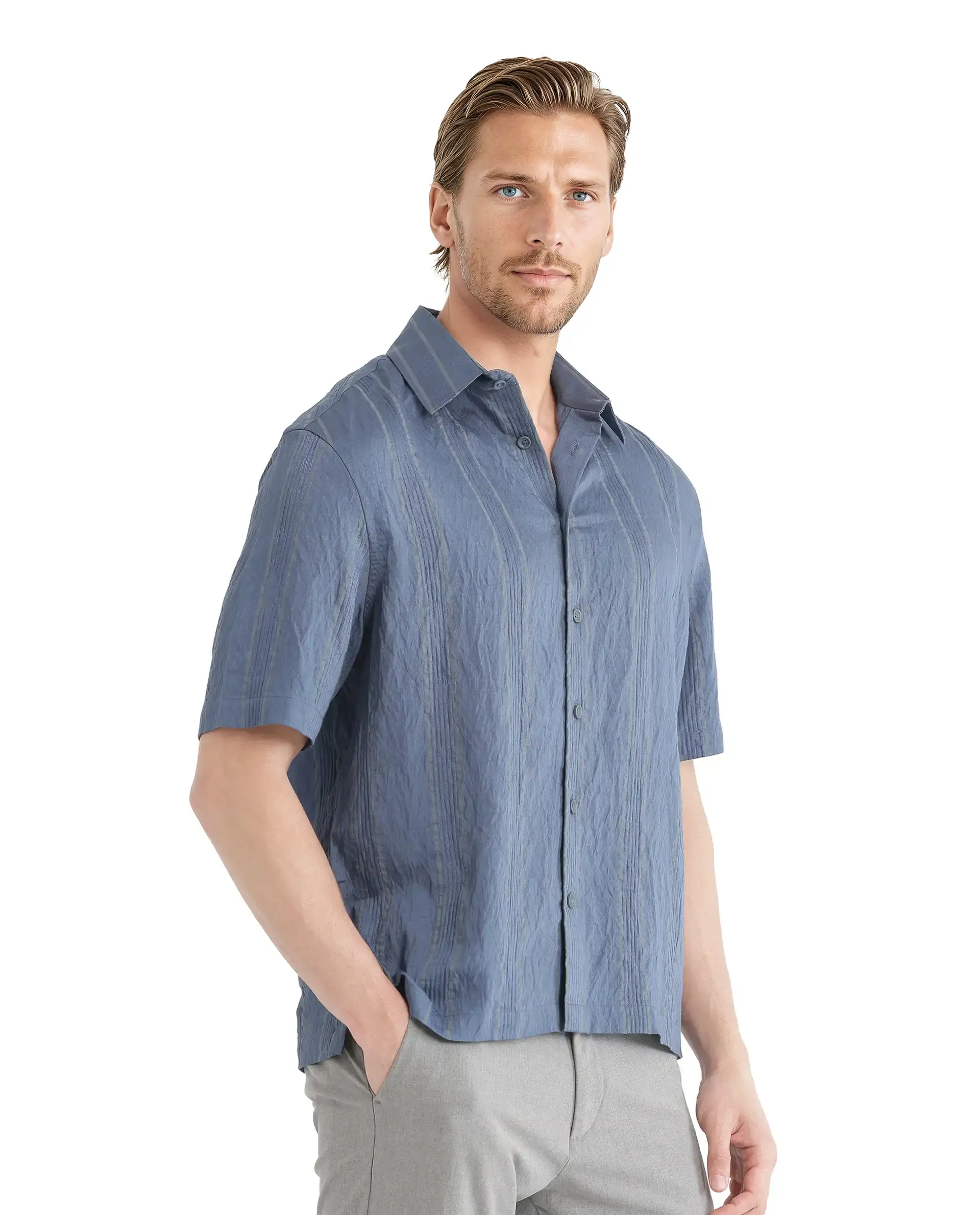 Rare Rabbit Men's Boks Dusky Blue Viscose Blend Striped Print Relaxed Fit Half Sleeve Collared Shirt - Image 8