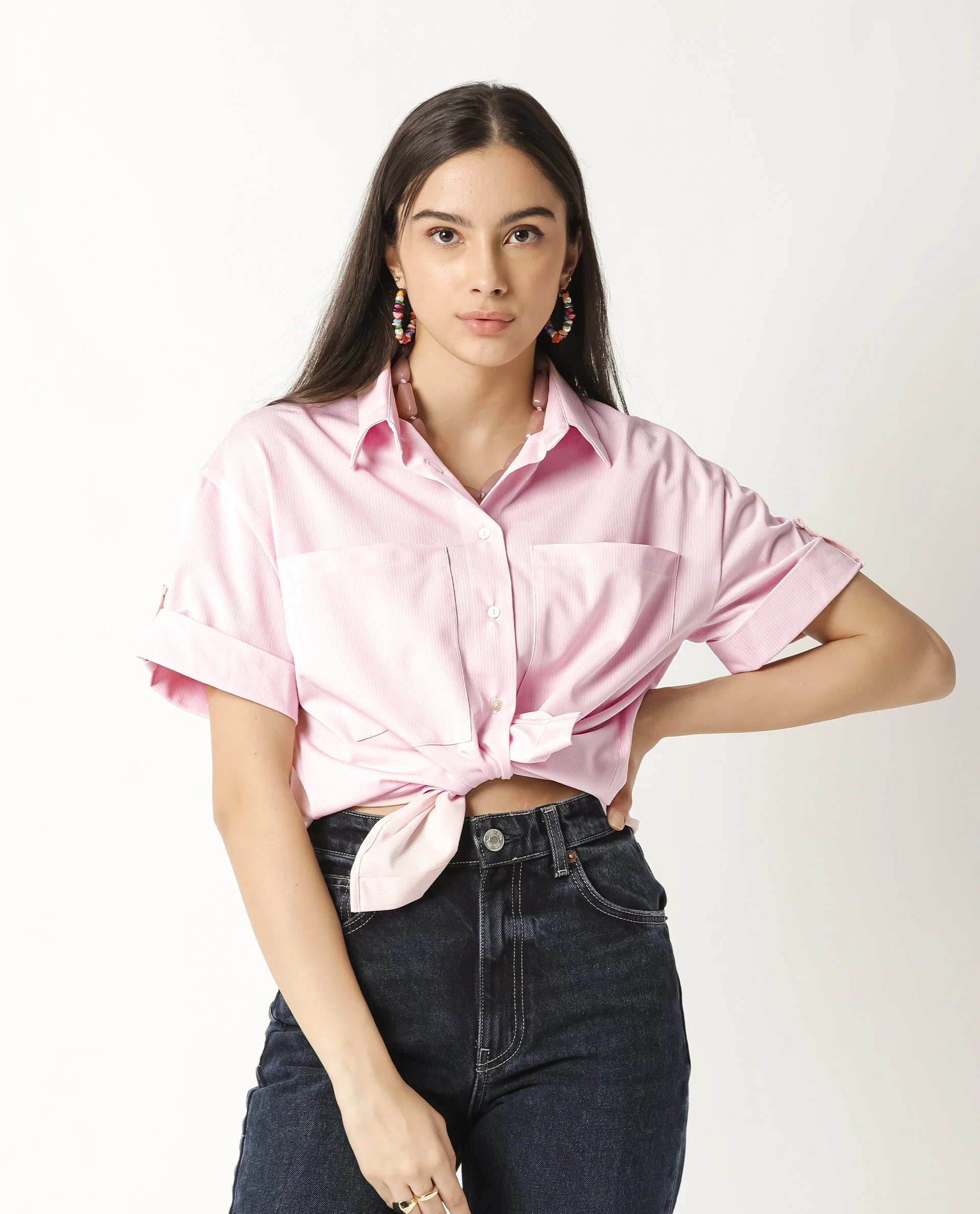 Rareism Women's Bolero Pink Spread Collar Plain Regular Fit Top - Image 3