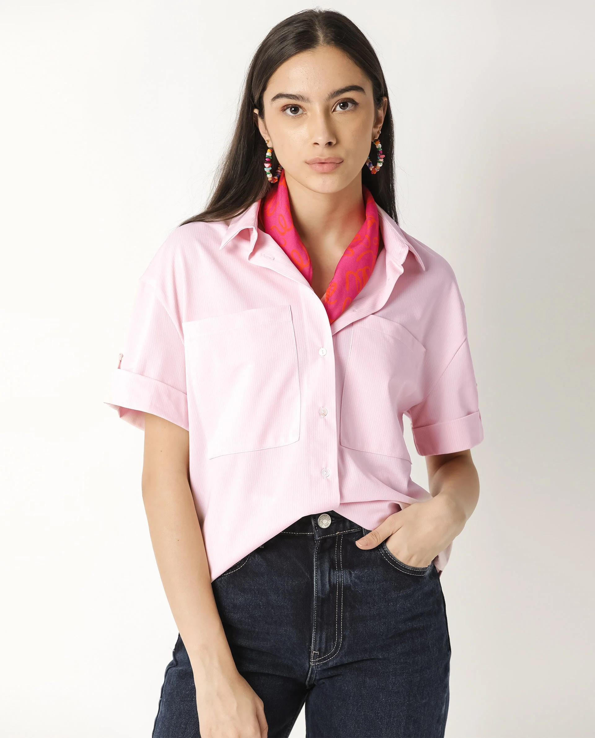 Rareism Women's Bolero Pink Spread Collar Plain Regular Fit Top - Image 9