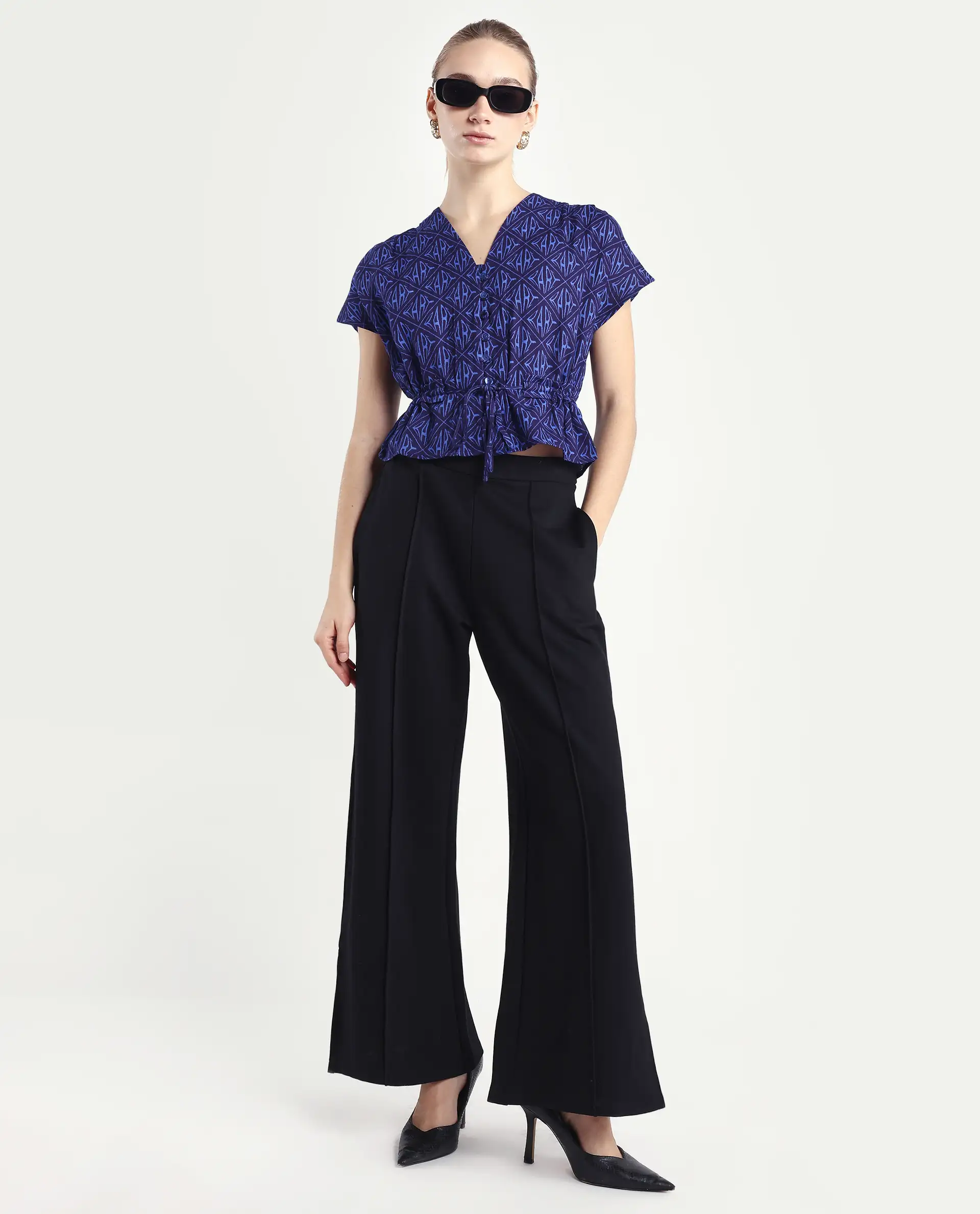 Rareism Women's Bolgan Dark Blue Cotton Blend V-Neck Monogram Print Extended Sleeves Crop Regular Fit Top - Image 2