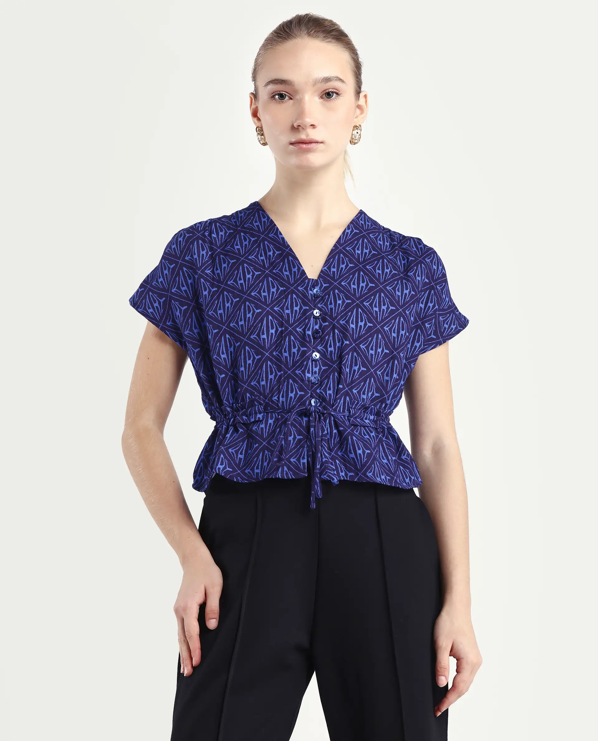 Rareism Women's Bolgan Dark Blue Cotton Blend V-Neck Monogram Print Extended Sleeves Crop Regular Fit Top - Image 3