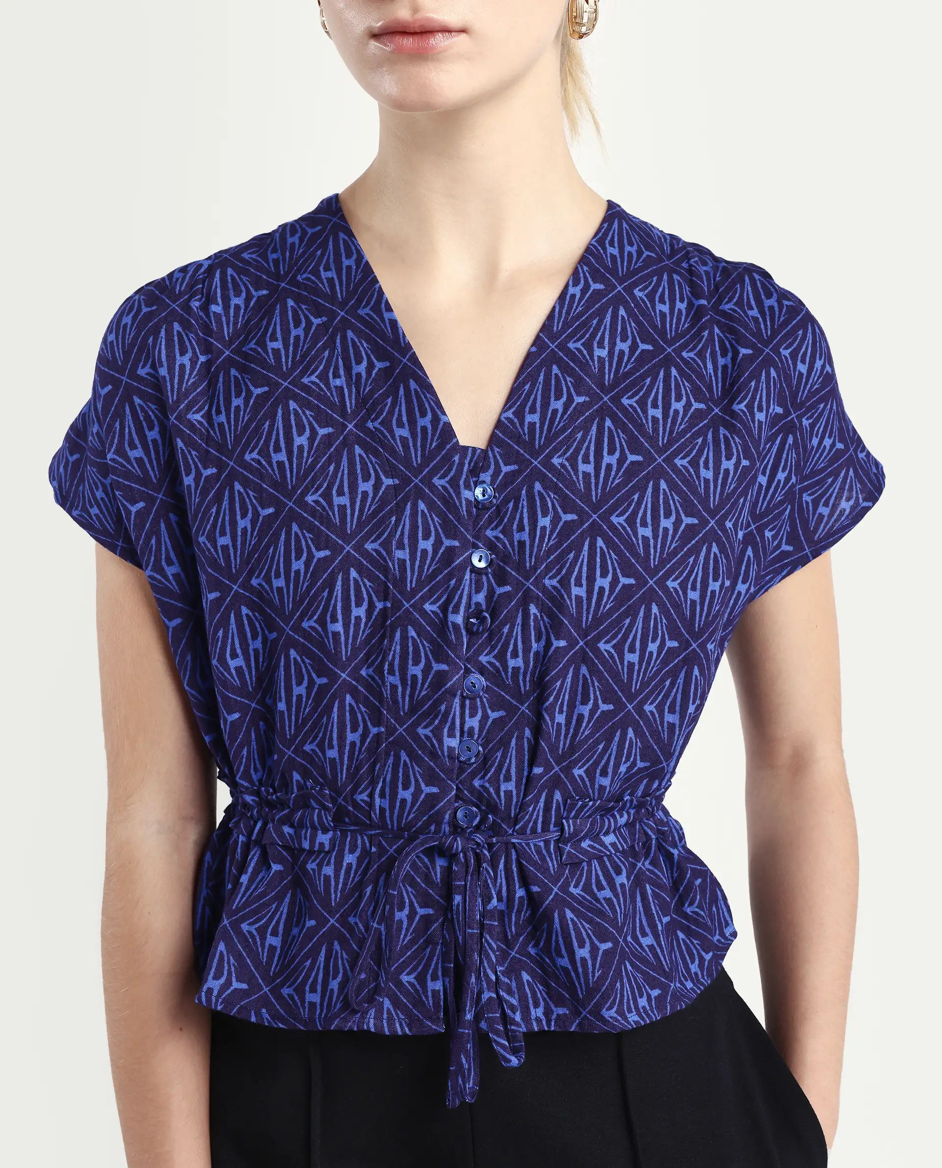 Rareism Women's Bolgan Dark Blue Cotton Blend V-Neck Monogram Print Extended Sleeves Crop Regular Fit Top - Image 4