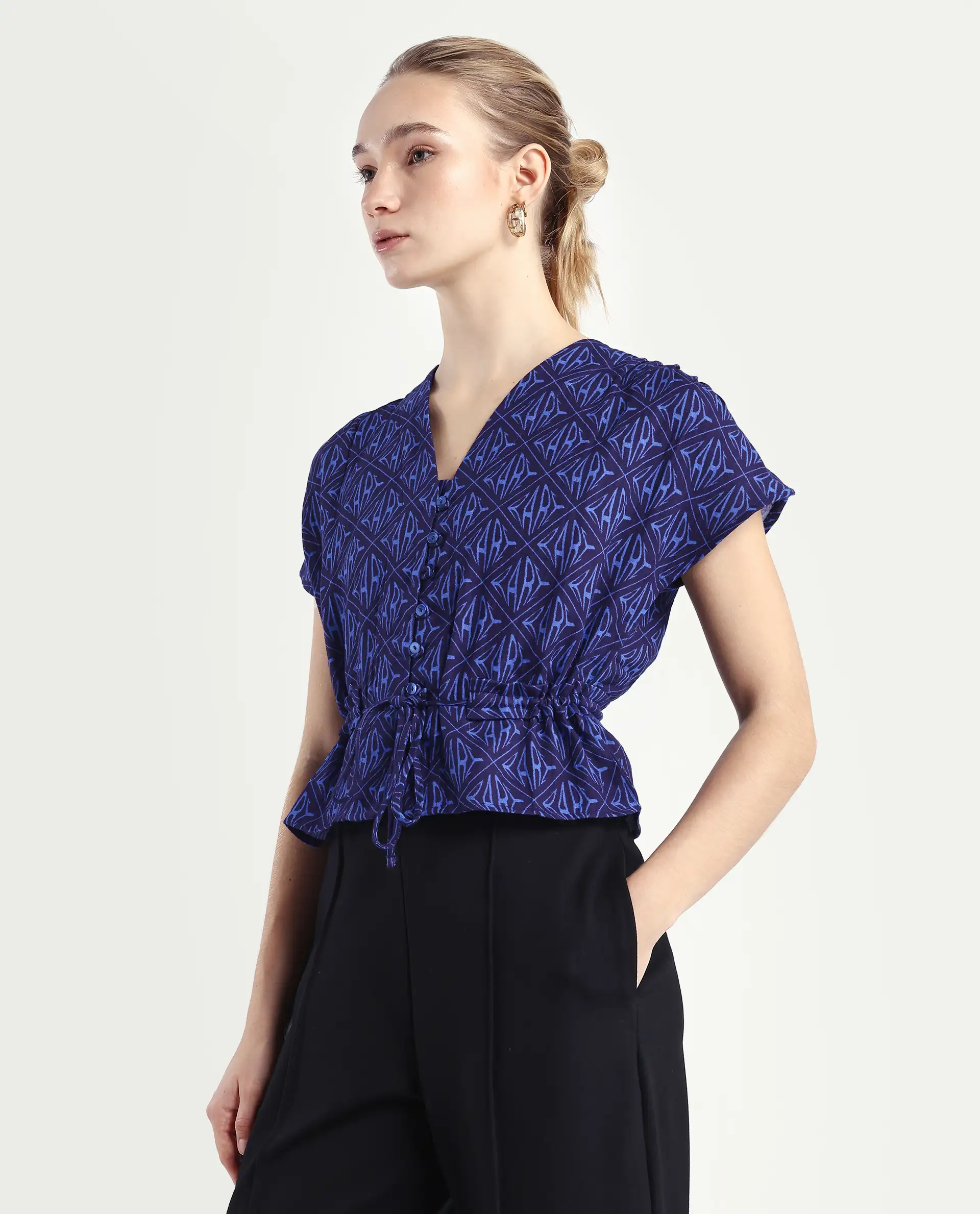 Rareism Women's Bolgan Dark Blue Cotton Blend V-Neck Monogram Print Extended Sleeves Crop Regular Fit Top - Image 5