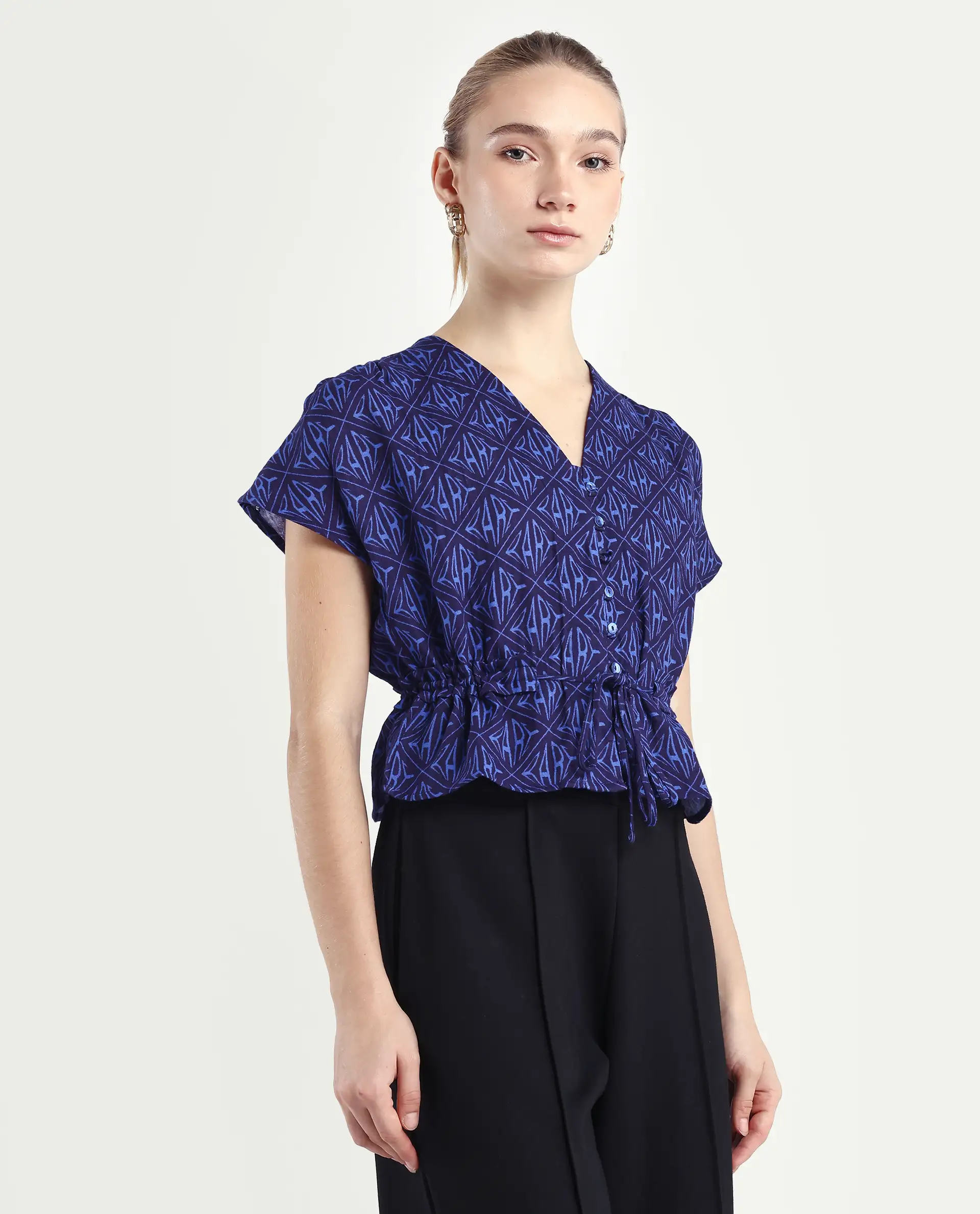 Rareism Women's Bolgan Dark Blue Cotton Blend V-Neck Monogram Print Extended Sleeves Crop Regular Fit Top - Image 6