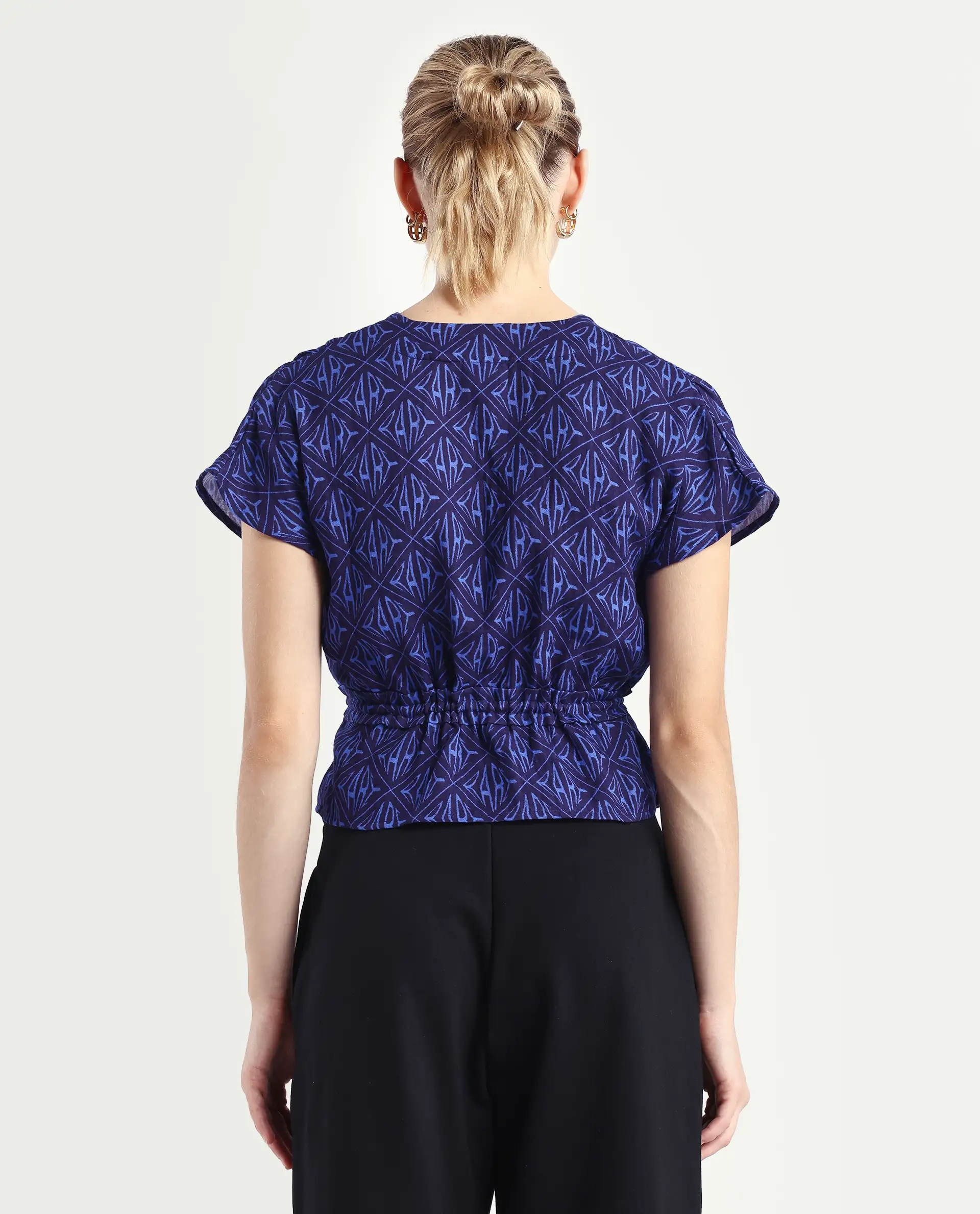 Rareism Women's Bolgan Dark Blue Cotton Blend V-Neck Monogram Print Extended Sleeves Crop Regular Fit Top - Image 7