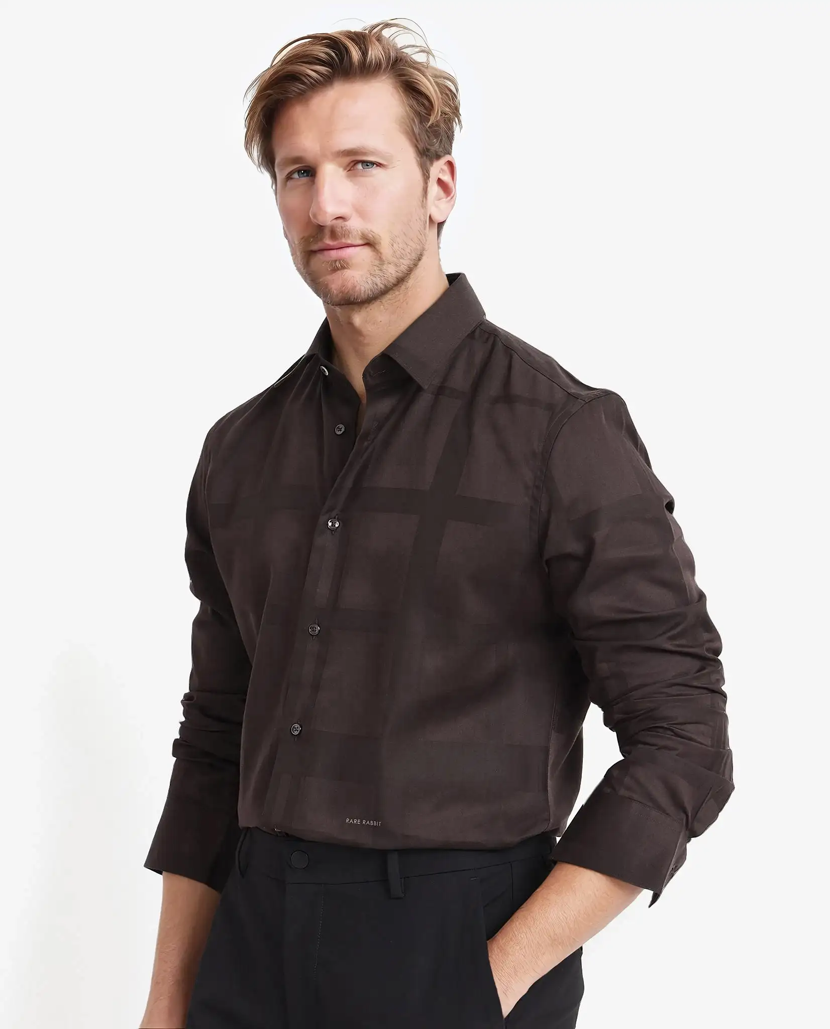 Rare Rabbit Men's Bolin Dark Brown Cotton Striped Print Regular Fit Full Sleeve Collared Shirt