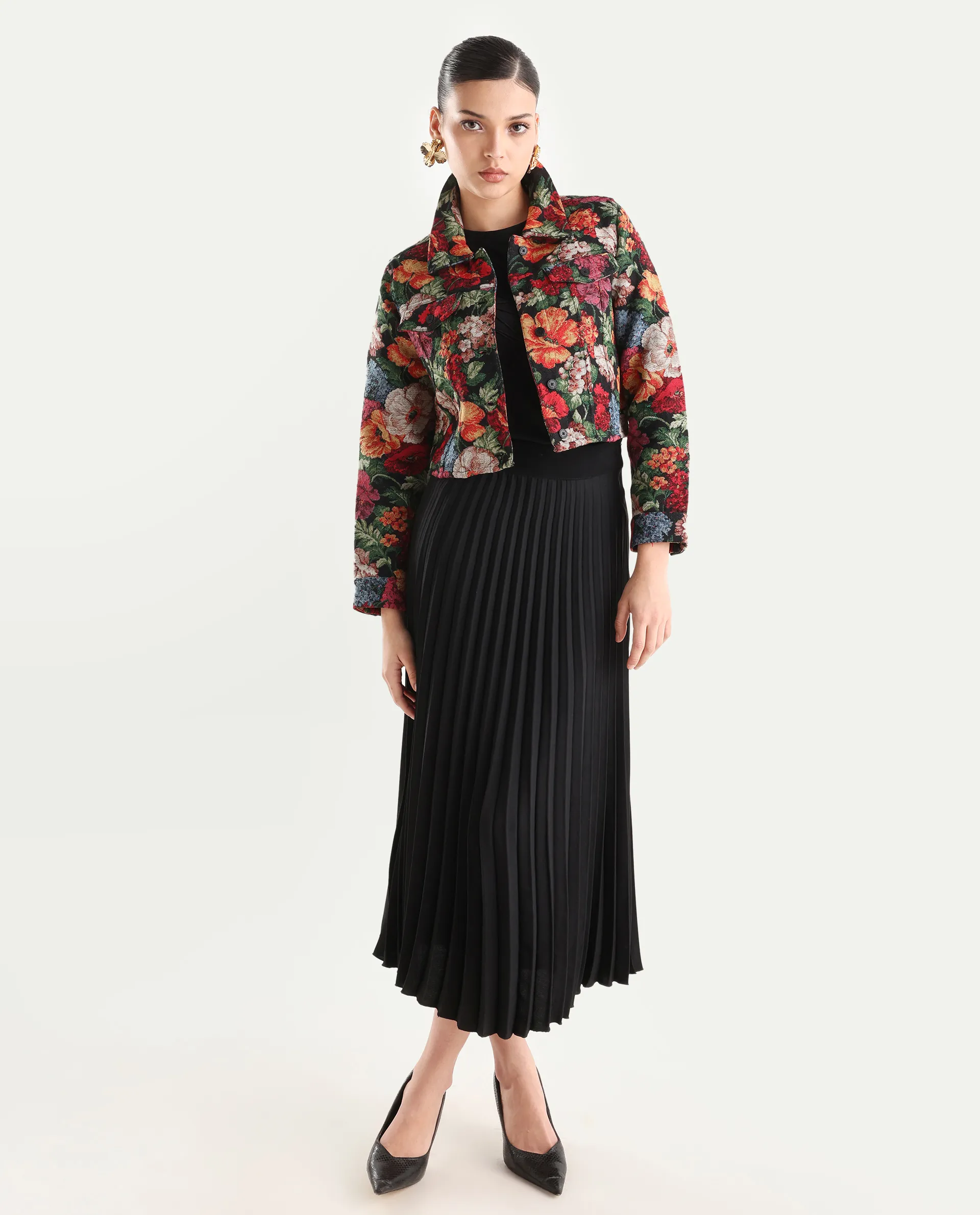 Rareism Women's Bolor Multi Cotton Blend Drop Collar Jacquard Cuffed Sleeve Crop Regular Fit Jacket - Image 2
