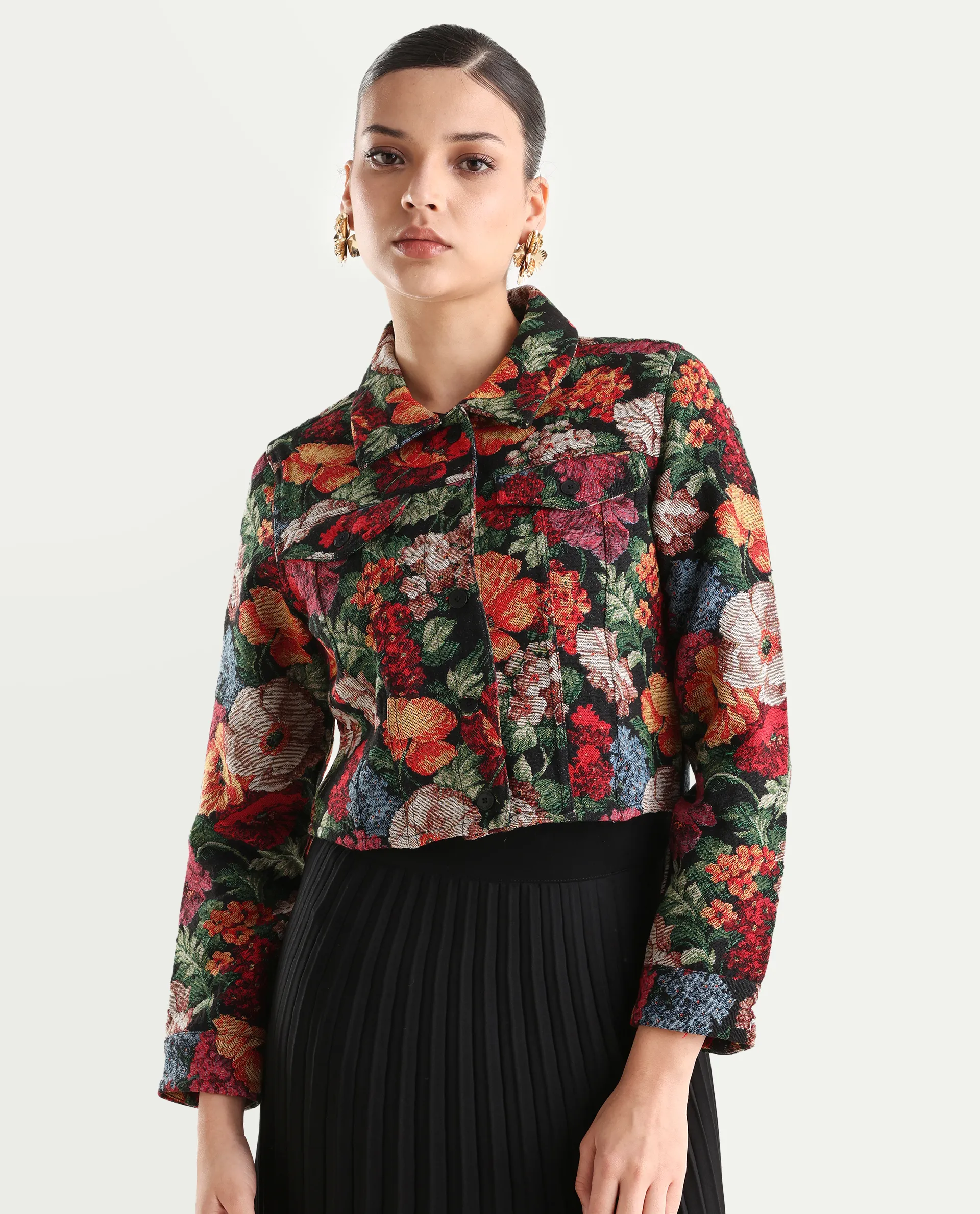 Rareism Women's Bolor Multi Cotton Blend Drop Collar Jacquard Cuffed Sleeve Crop Regular Fit Jacket - Image 3