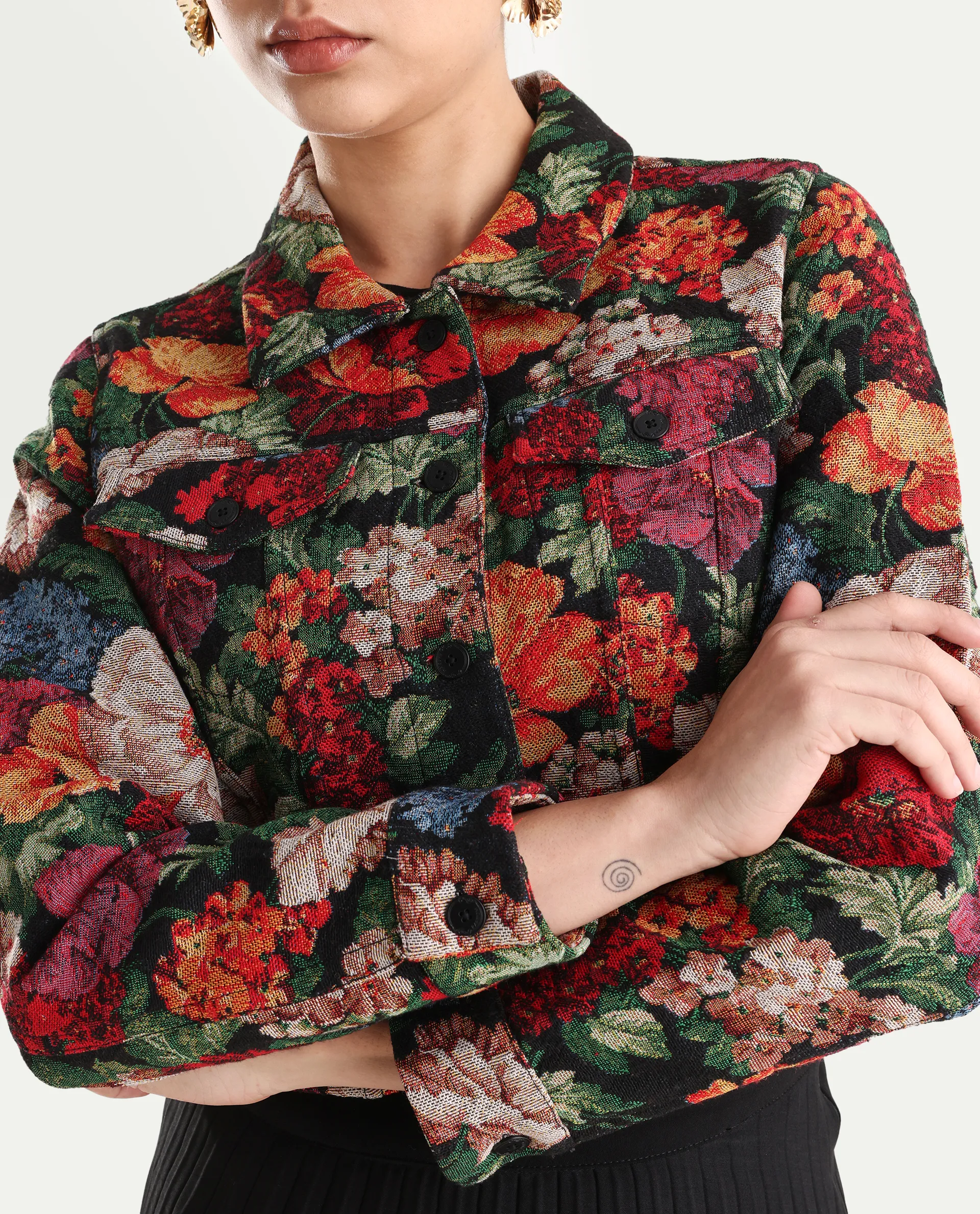 Rareism Women's Bolor Multi Cotton Blend Drop Collar Jacquard Cuffed Sleeve Crop Regular Fit Jacket - Image 4