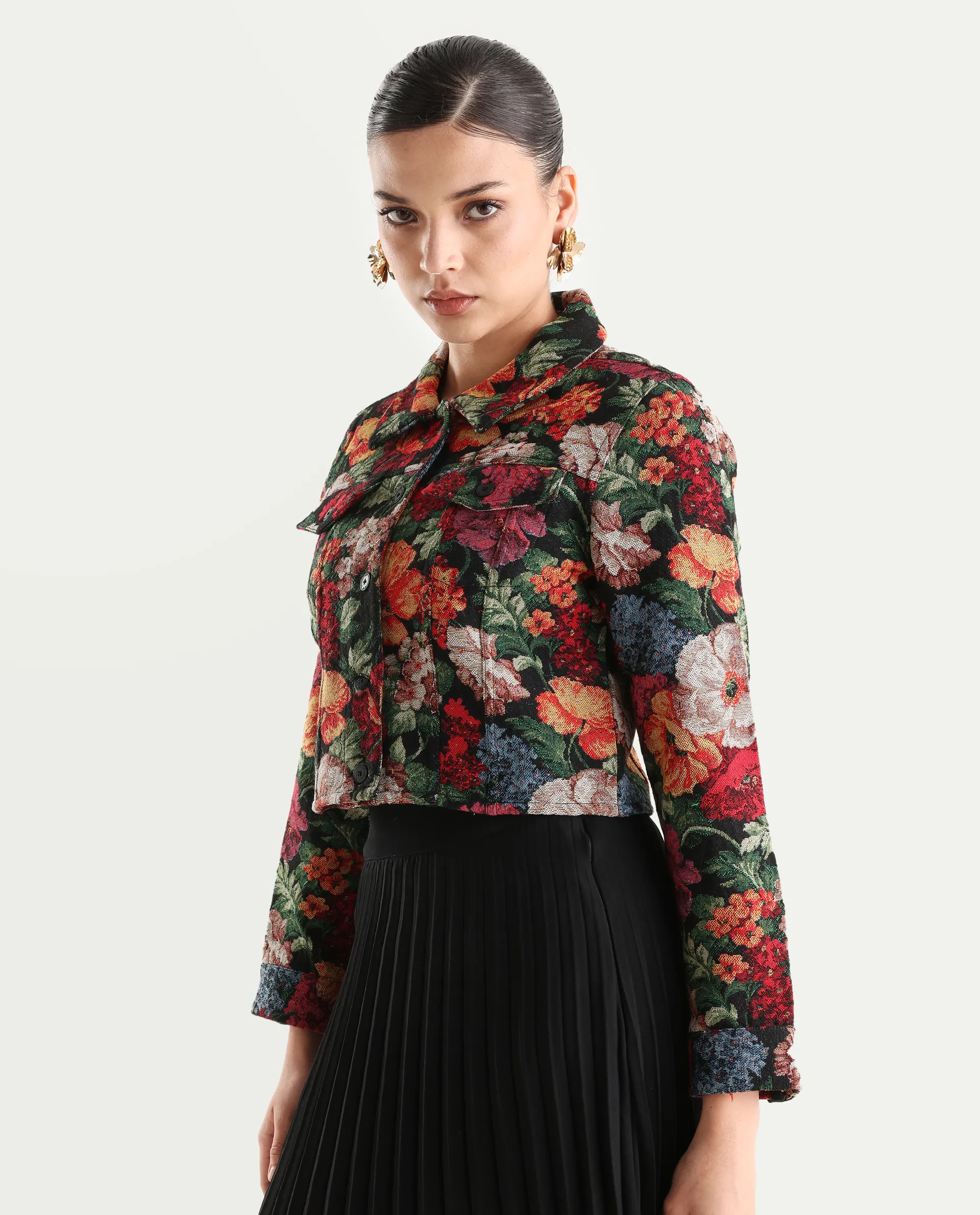 Rareism Women's Bolor Multi Cotton Blend Drop Collar Jacquard Cuffed Sleeve Crop Regular Fit Jacket - Image 5