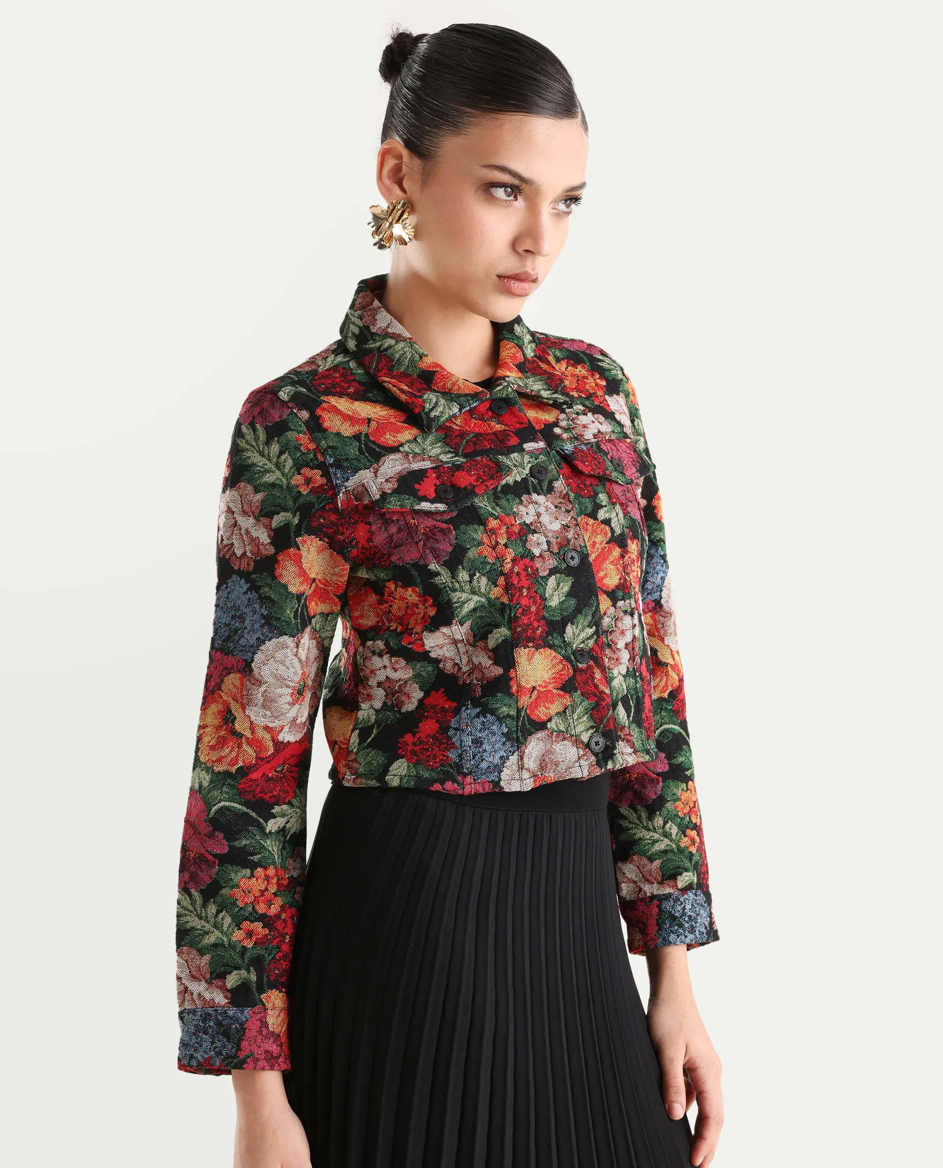 Rareism Women's Bolor Multi Cotton Blend Drop Collar Jacquard Cuffed Sleeve Crop Regular Fit Jacket - Image 6