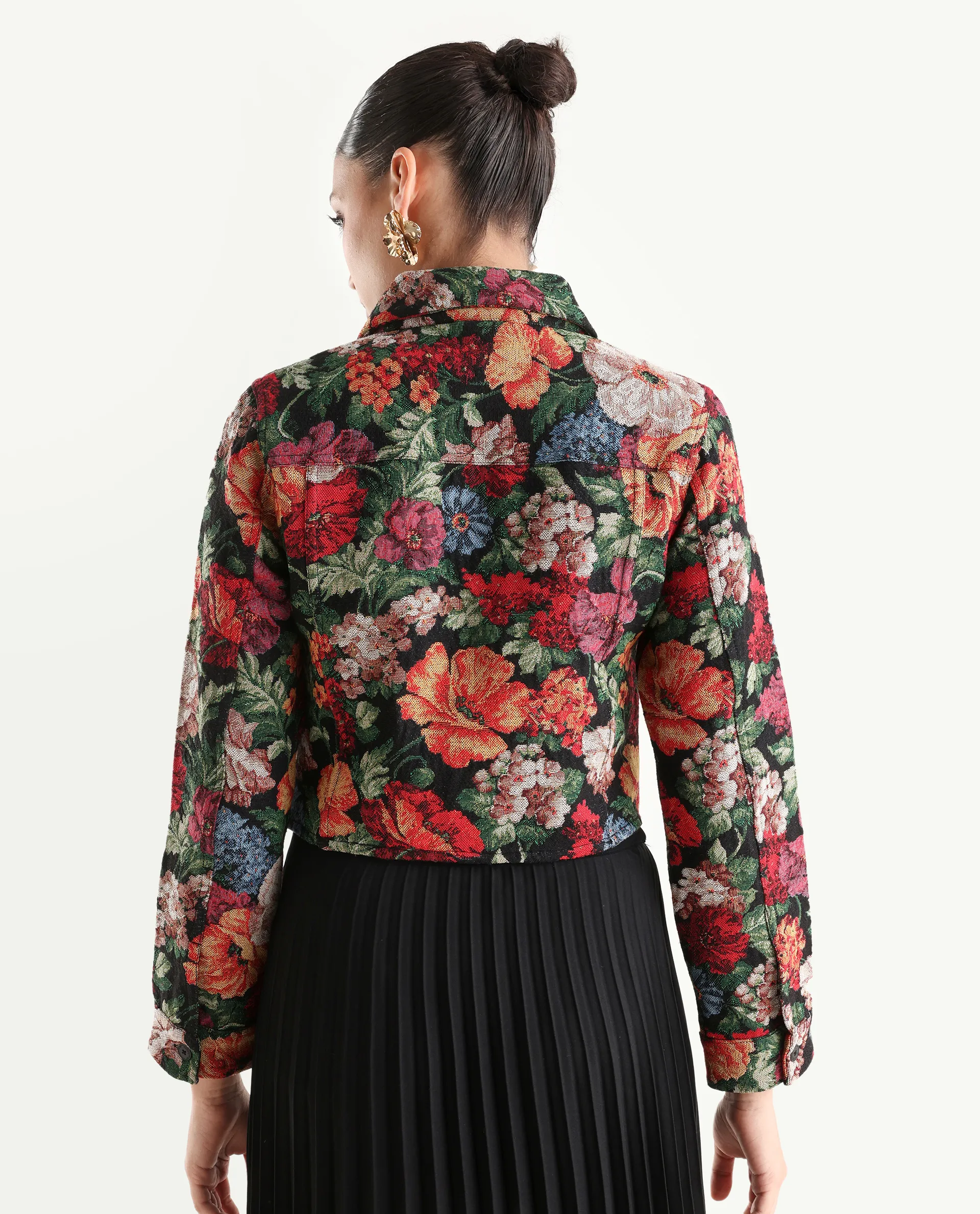 Rareism Women's Bolor Multi Cotton Blend Drop Collar Jacquard Cuffed Sleeve Crop Regular Fit Jacket - Image 7