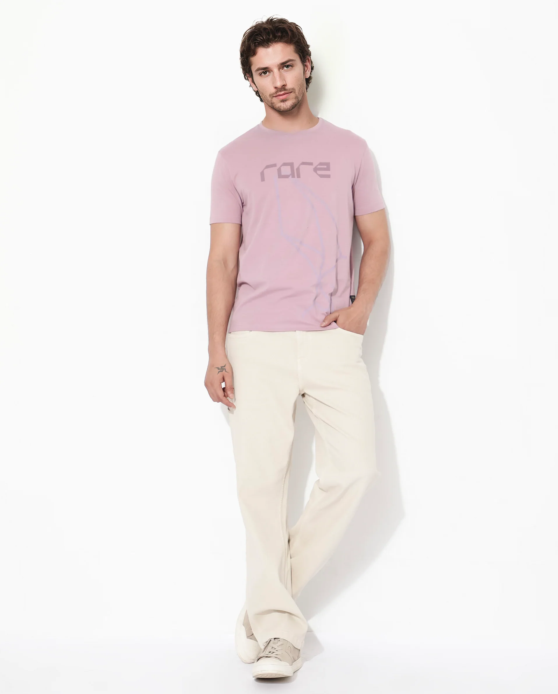 Rare Rabbit Articale Mens Bolt Dusky Pink Cotton Lycra Fabric Short Sleeve Crew Neck Regular Fit Graphic Print T-Shirt - Image 2
