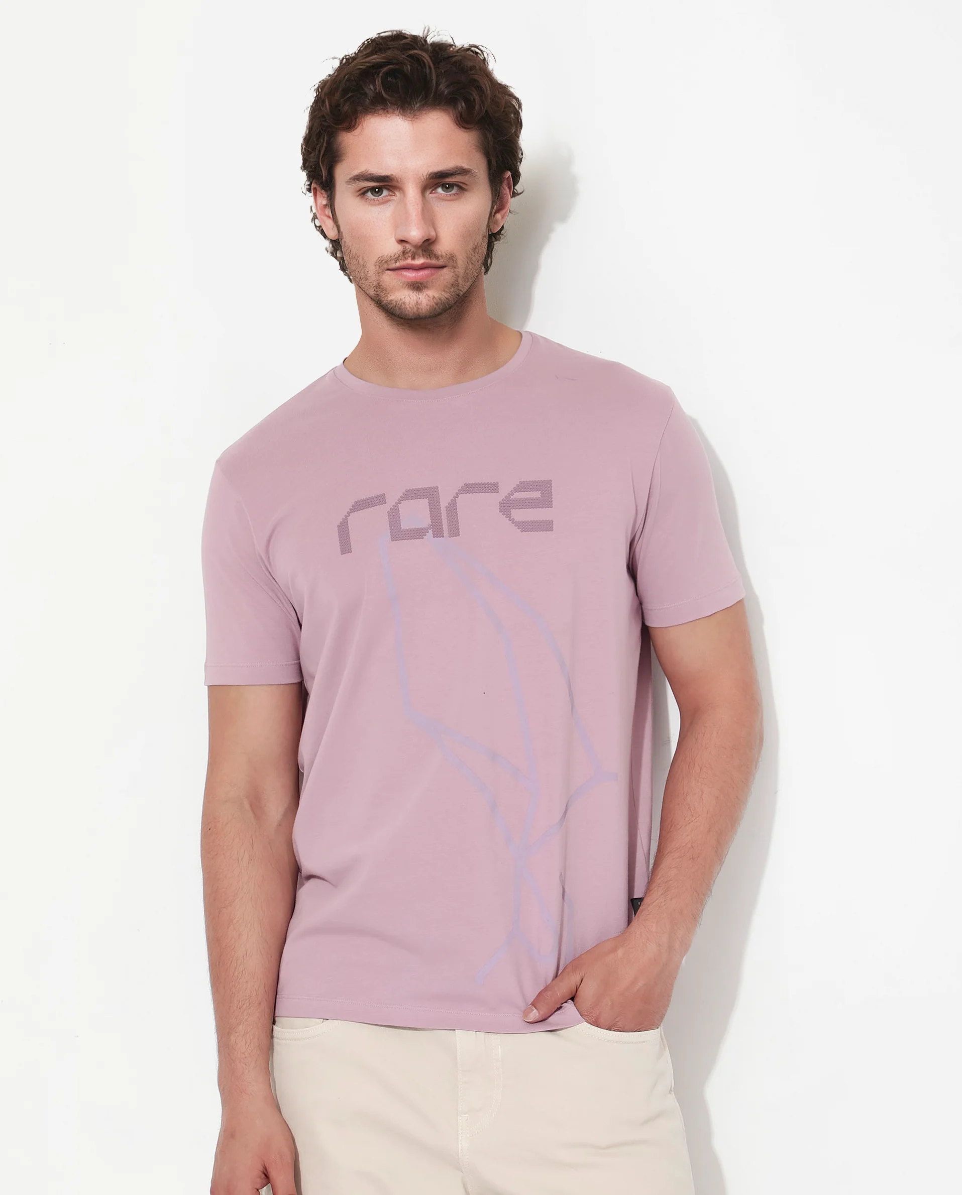 Rare Rabbit Articale Mens Bolt Dusky Pink Cotton Lycra Fabric Short Sleeve Crew Neck Regular Fit Graphic Print T-Shirt - Image 3
