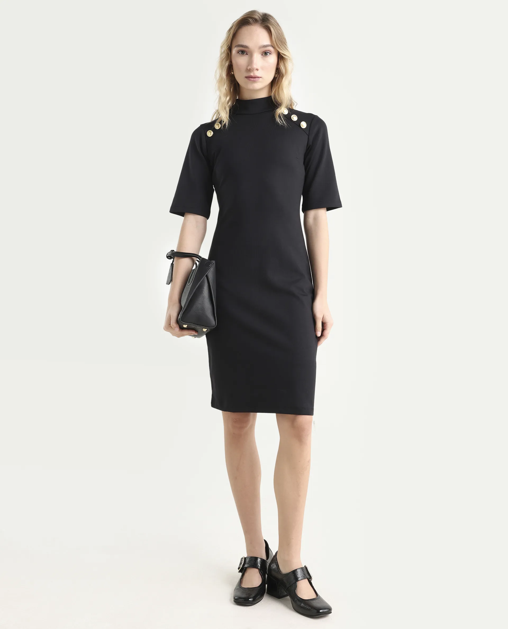 Rareism Women's Bolu Black Cotton Blend High Neck Plain Knee Length Slim Fit Dress - Image 2