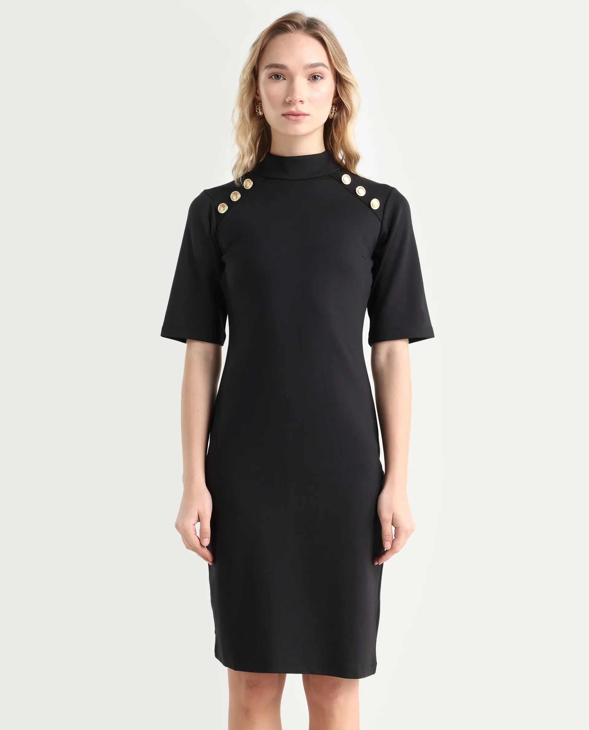 Rareism Women's Bolu Black Cotton Blend High Neck Plain Knee Length Slim Fit Dress - Image 3